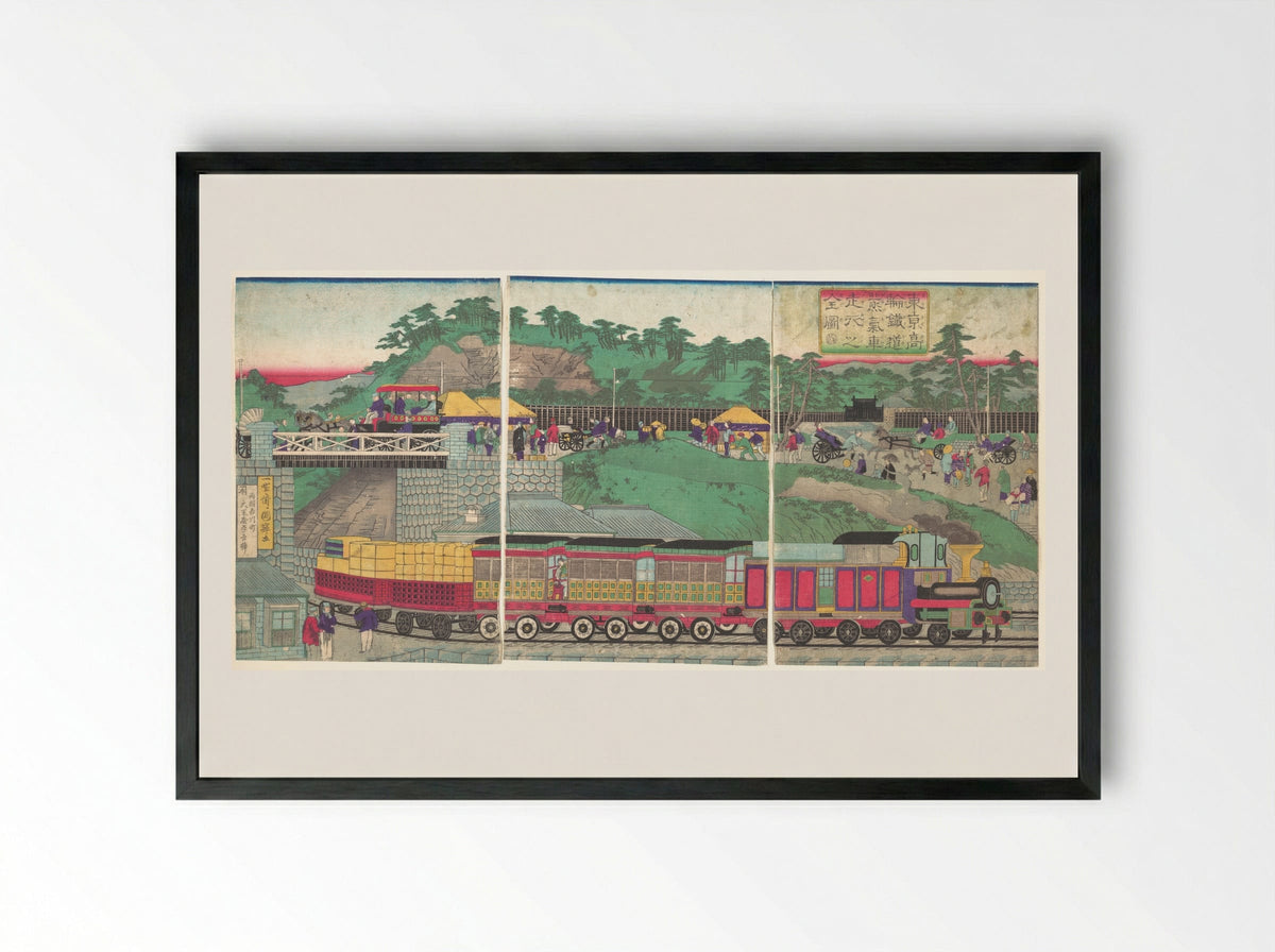 Illustration of a Steam Locomotive Running on the Takanawa Railroad in Tokyo - Utagawa Kuniteru - Framed Print Black