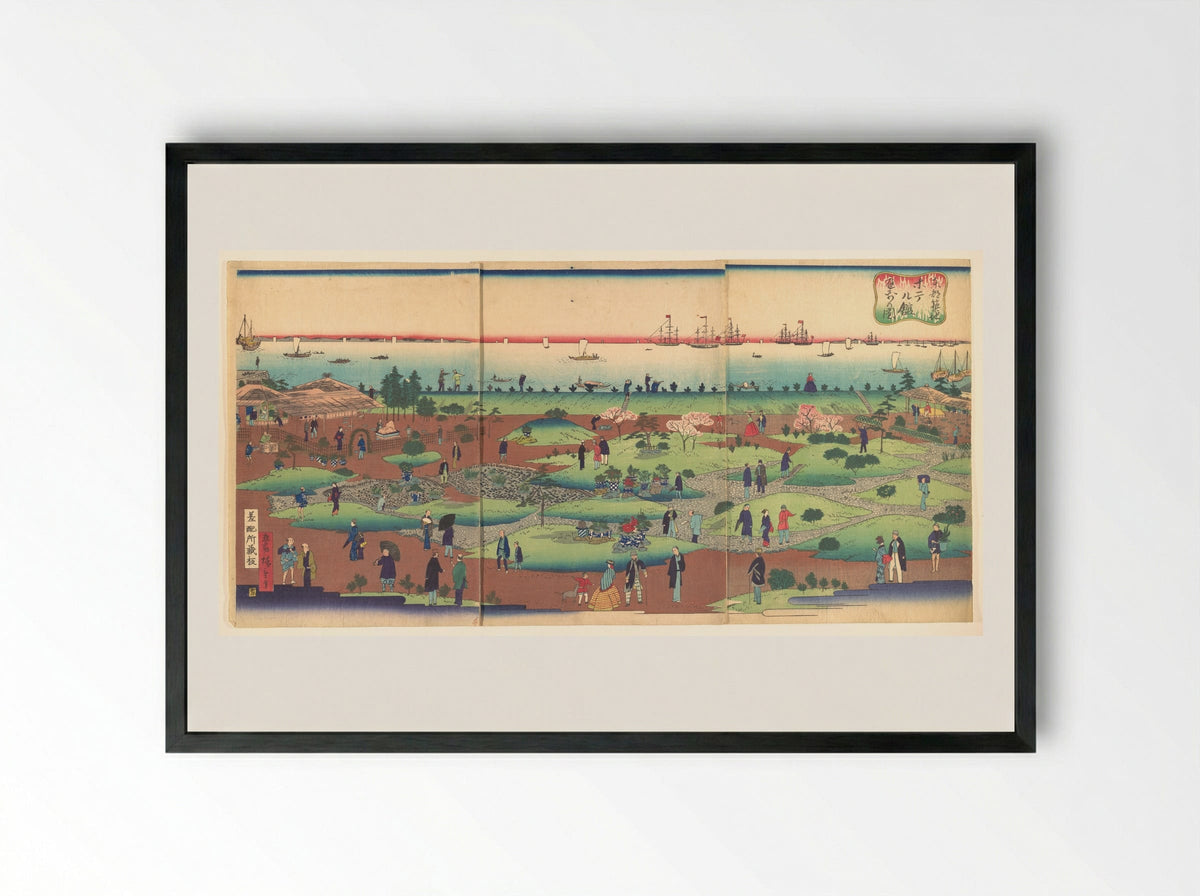 Illustration of the Front Garden of the Tsukiji Hotel in the Eastern Capital - Utagawa Hiroshige III - Framed Print Black