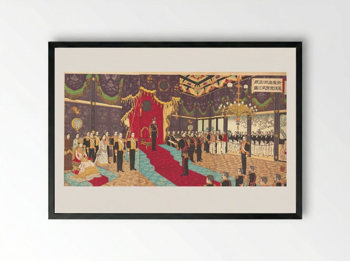 Illustration of the Issuing of the State Constitution in the State Chamber of the New Imperial Palace - Adachi Ginkō - Framed Print Black