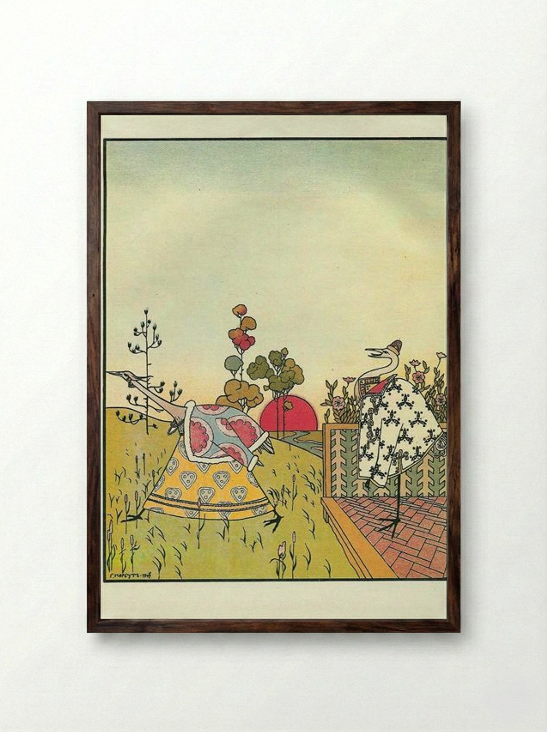 Illustration to 'The Crane and the Heron' - Heorhiy Narbut - Framed Print Dark Wood