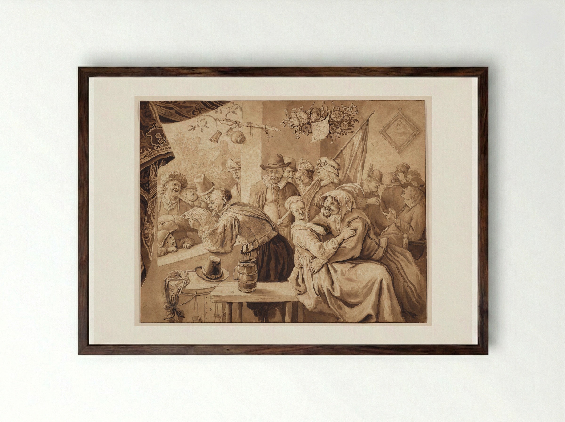 In Liefde Vry: Rhetoricians with Merry Company in a Tavern - Cornelis Dusart - Framed Print Dark Wood