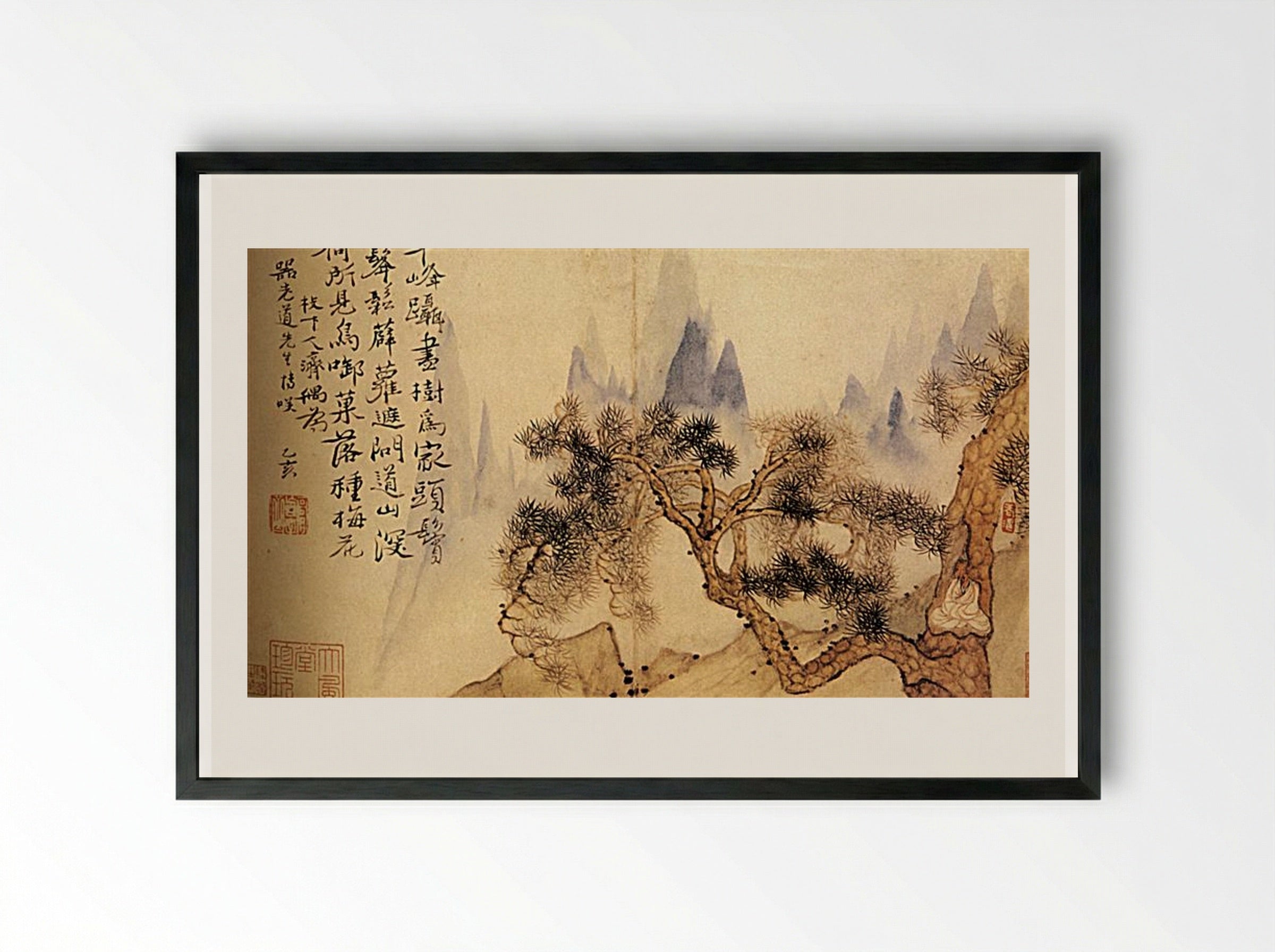 In Meditation, at the Foot of the Mountains - Shitao - Framed Print Black
