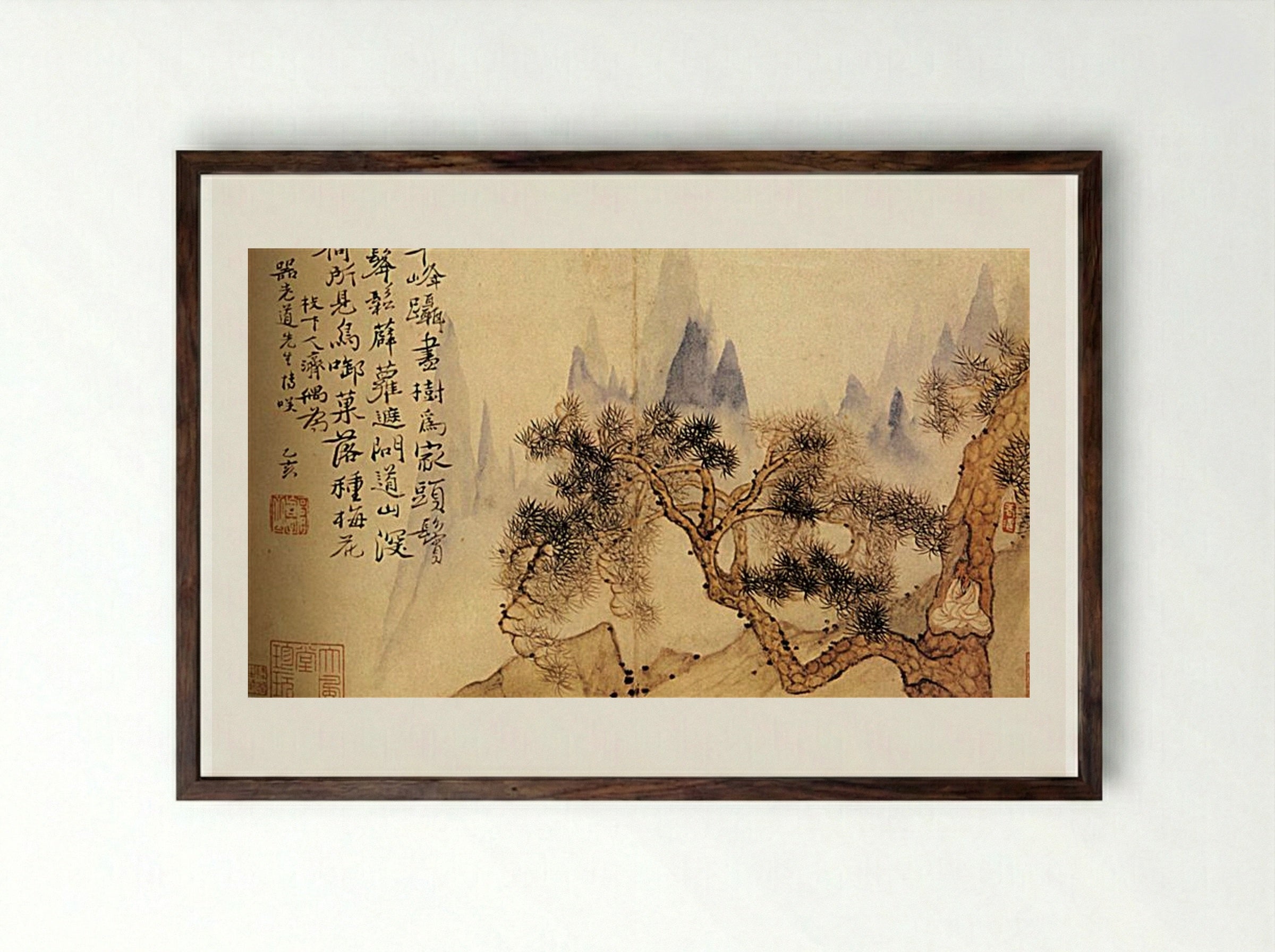 In Meditation, at the Foot of the Mountains - Shitao - Framed Print Dark Wood