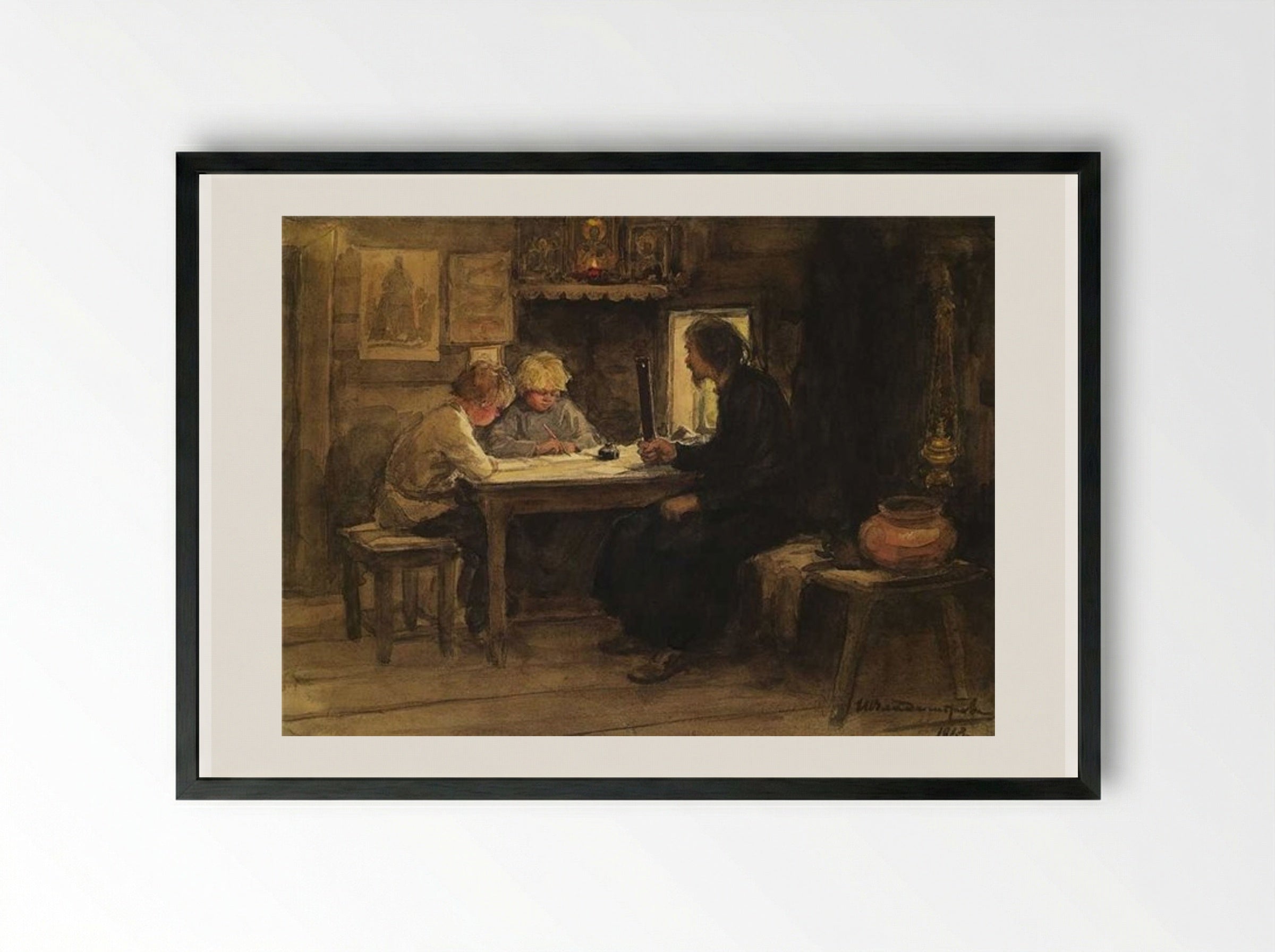 In a Lesson of Credence with the Sexton - Ivan Vladimirov - Framed Print Black