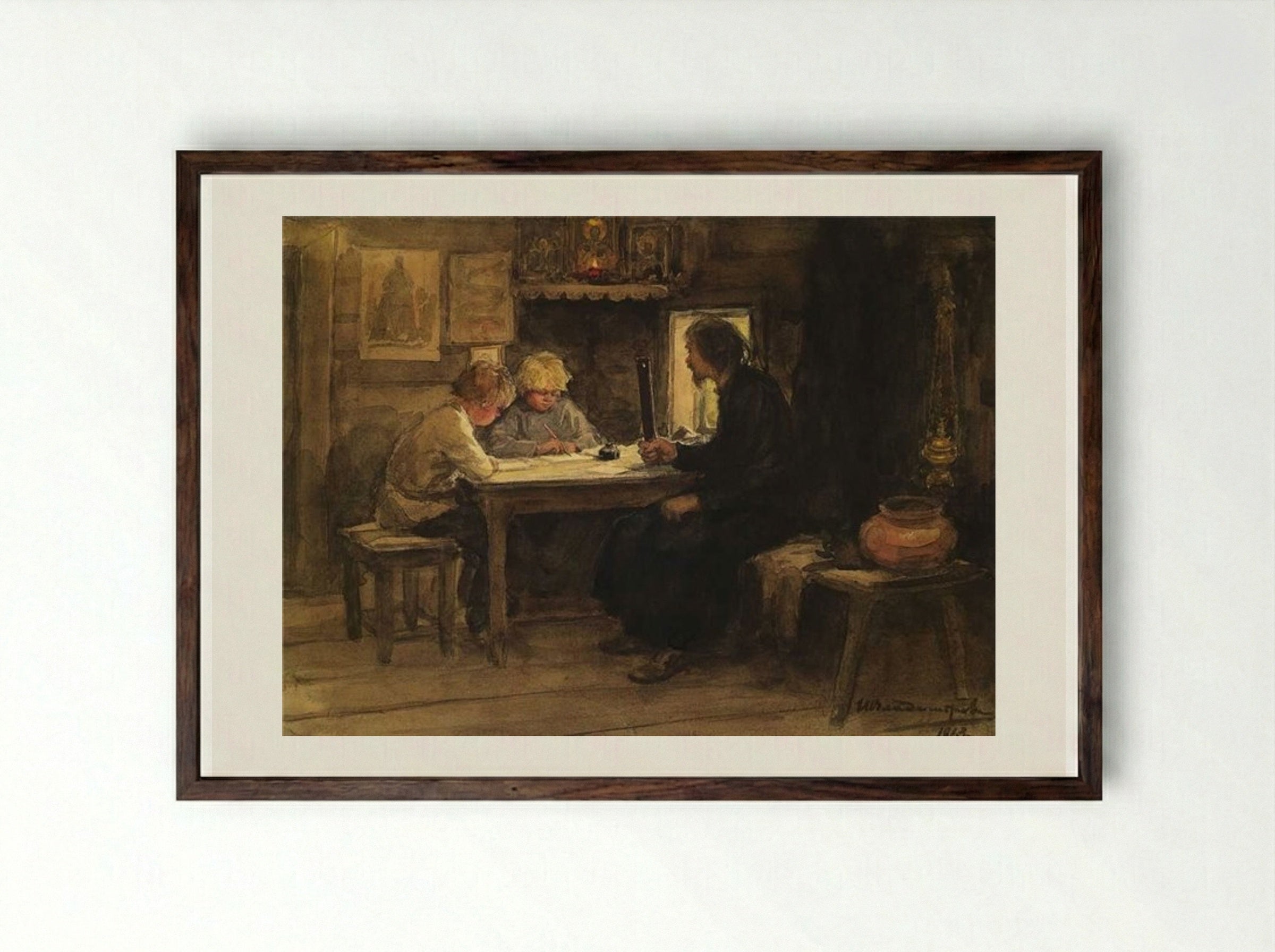 In a Lesson of Credence with the Sexton - Ivan Vladimirov - Framed Print Dark Wood