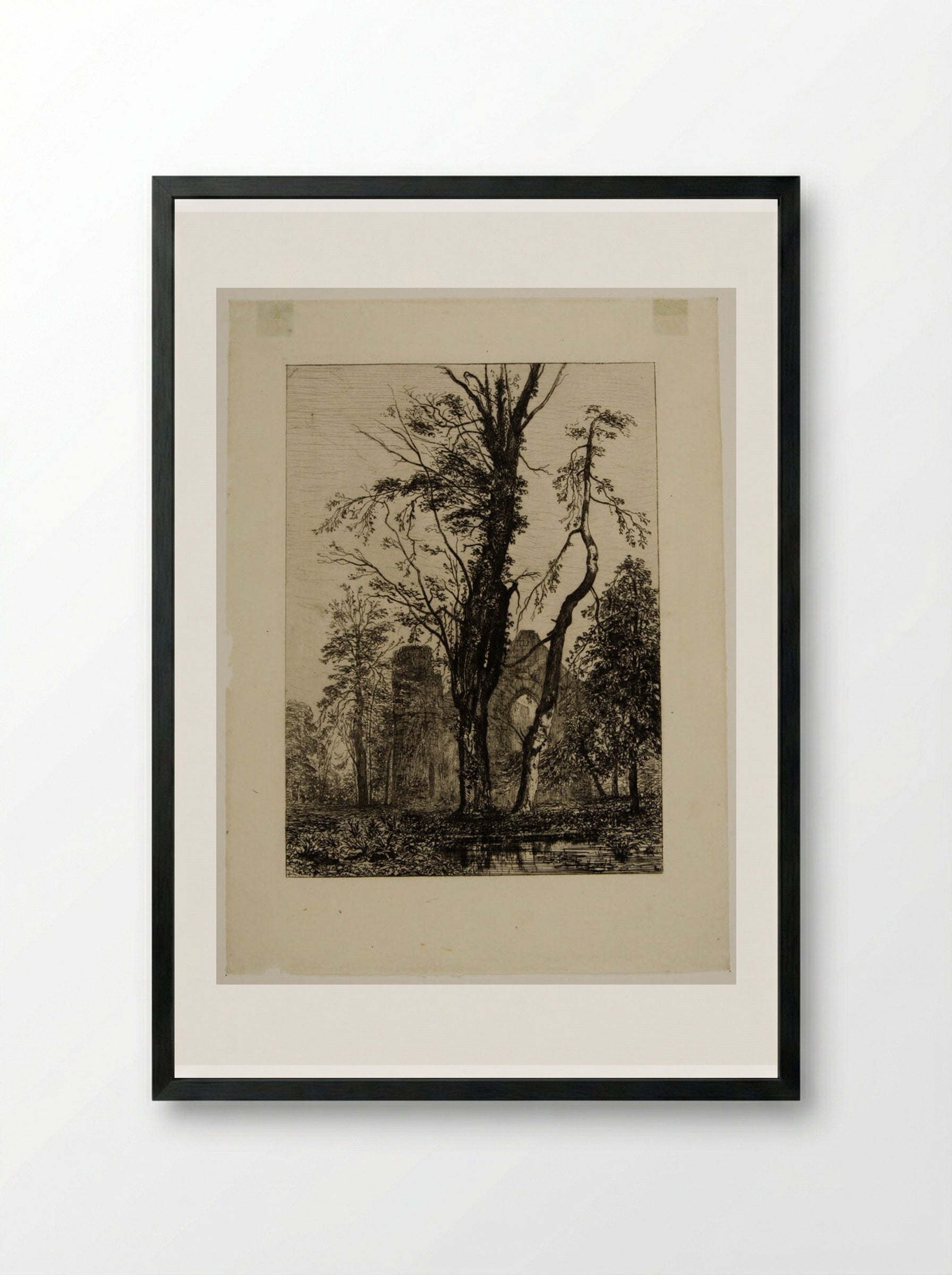 In a Park, Trees and Ruins - Maxime Lalanne - Framed Print Black