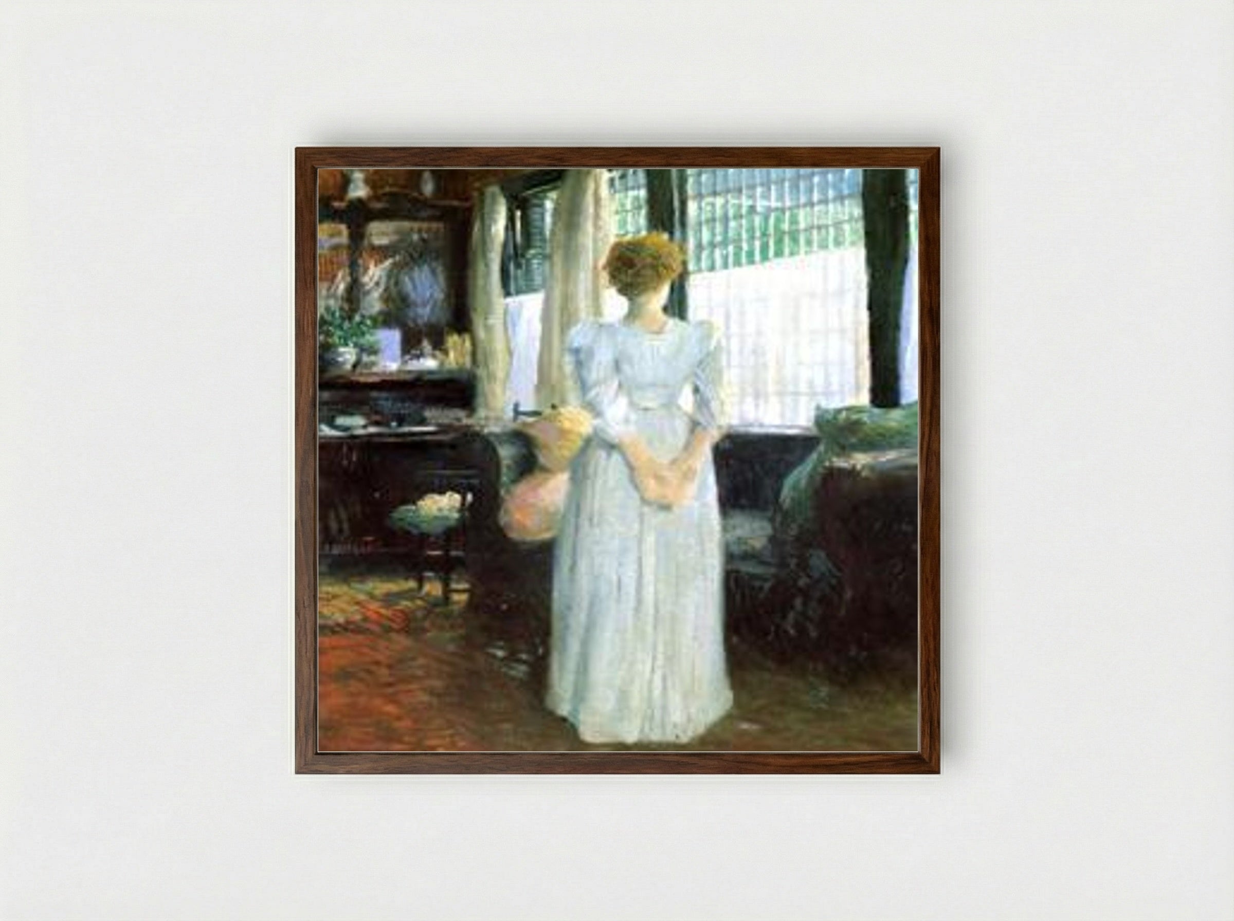 In the Livingroom - Julian Alden Weir - Framed Print Dark Wood