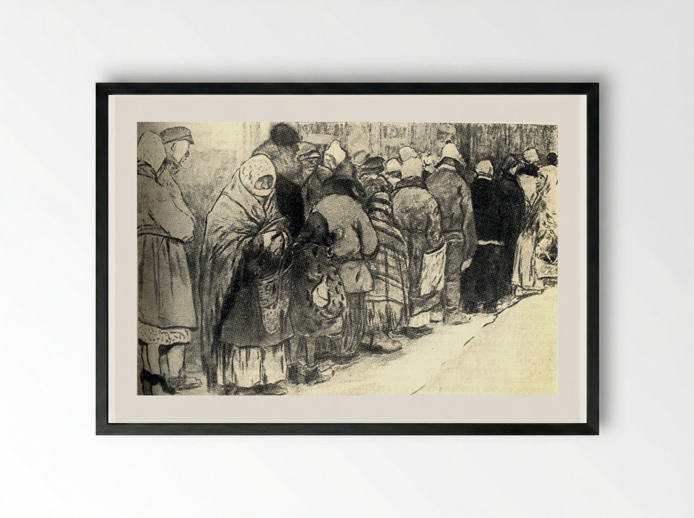 In the Queue for Bread - Ivan Vladimirov - Framed Print Black