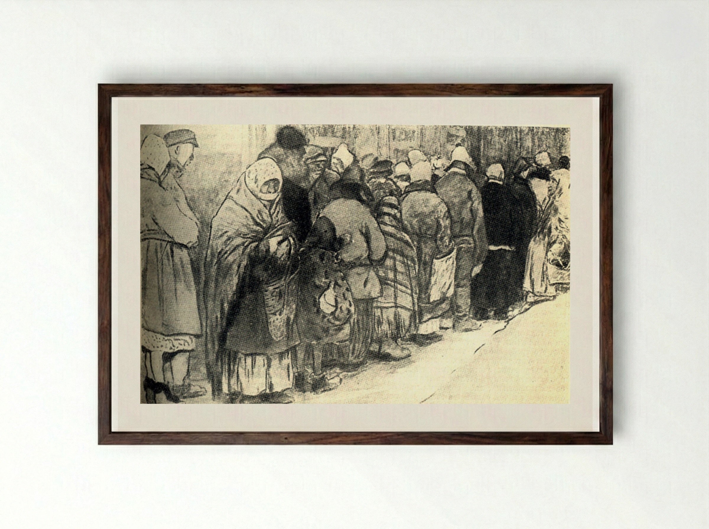 In the Queue for Bread - Ivan Vladimirov - Framed Print Dark Wood