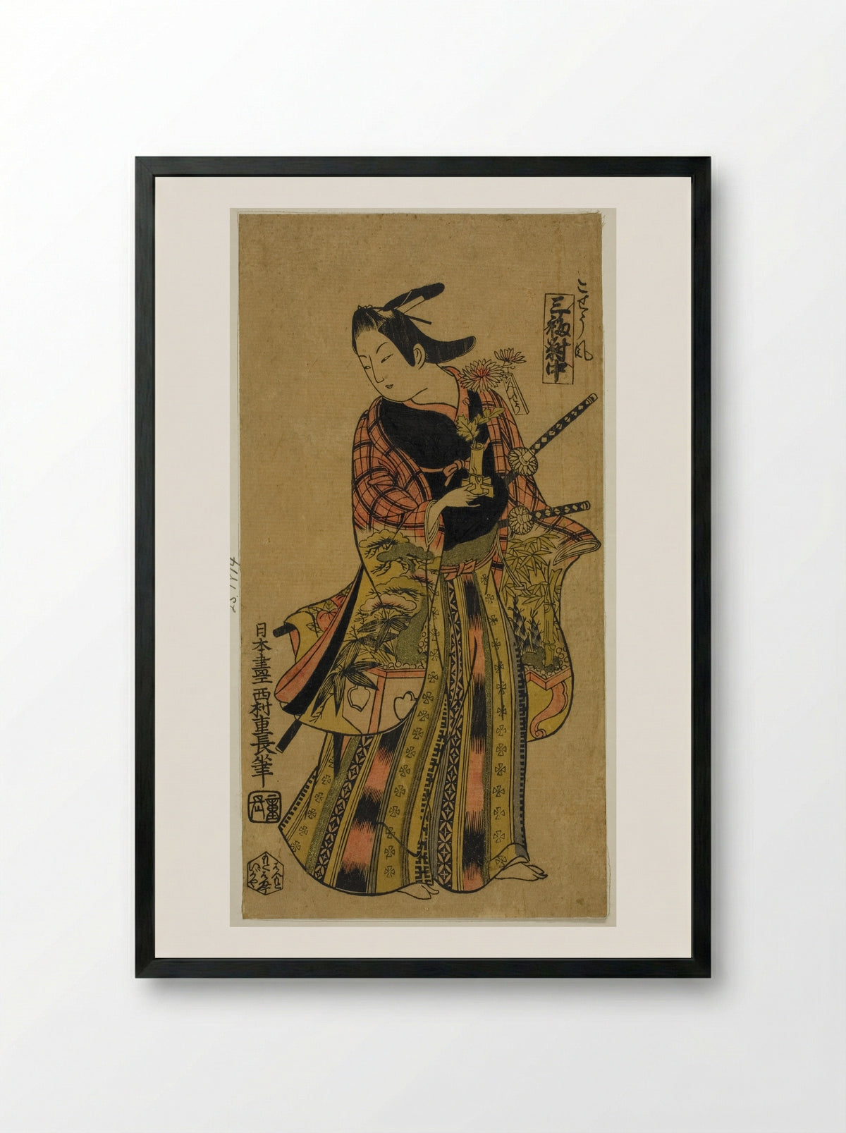 In the Style of a Page (Kosho fu), Center Sheet of Triptych (Sanpukutsui chu) - Nishimura Shigenaga - Framed Print Black