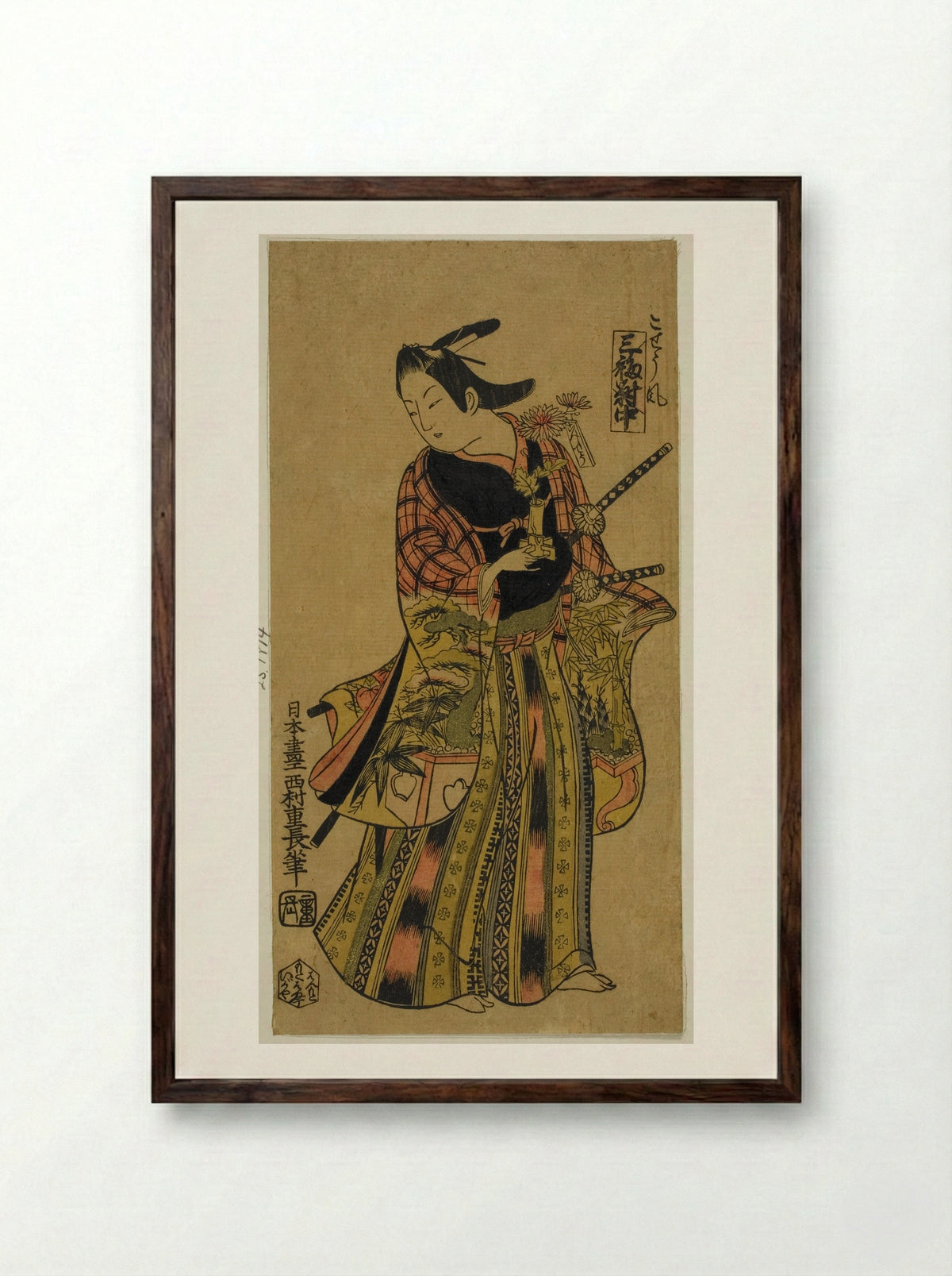 In the Style of a Page (Kosho fu), Center Sheet of Triptych (Sanpukutsui chu) - Nishimura Shigenaga - Framed Print Dark Wood