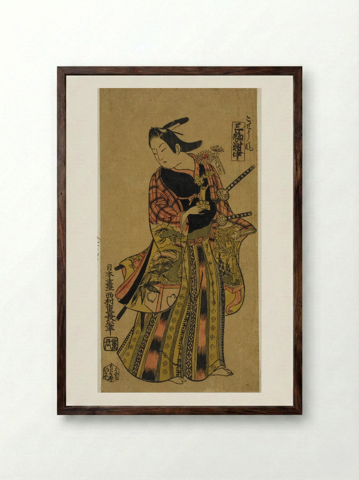 In the Style of a Page (Kosho fu), Center Sheet of Triptych (Sanpukutsui chu) - Nishimura Shigenaga - Framed Print Dark Wood