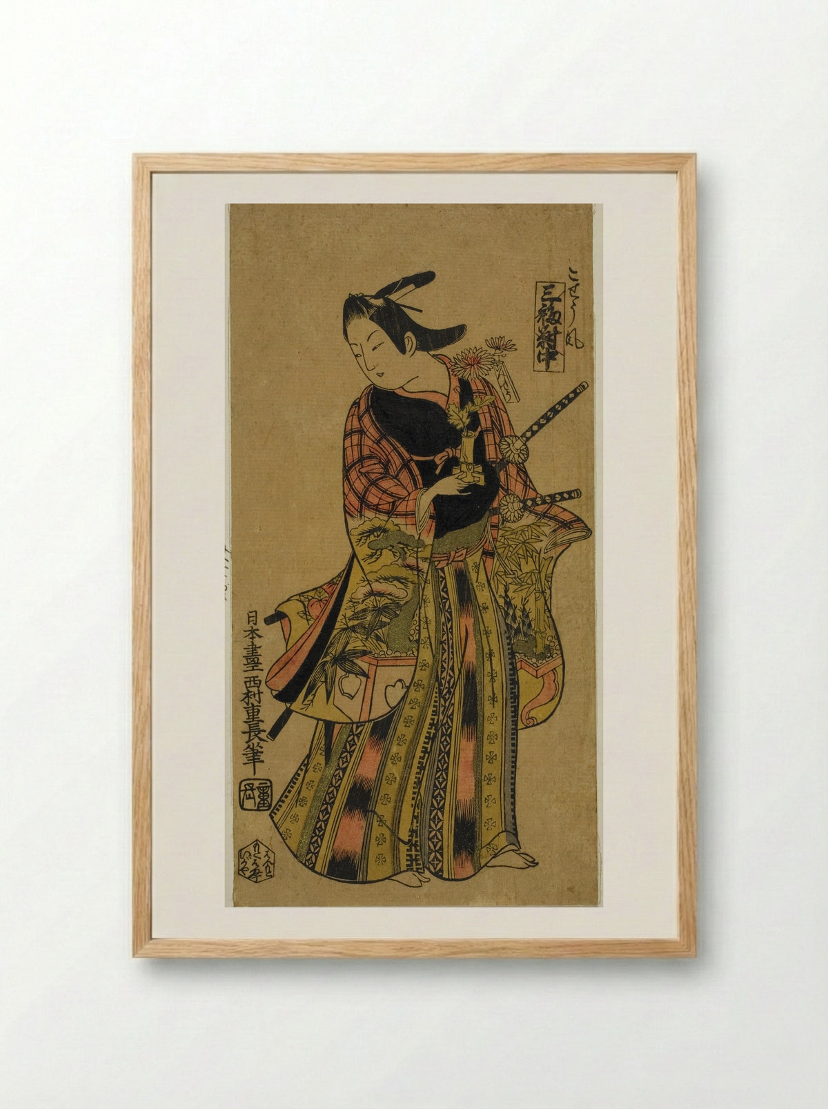 In the Style of a Page (Kosho fu), Center Sheet of Triptych (Sanpukutsui chu) - Nishimura Shigenaga - Framed Print Wood