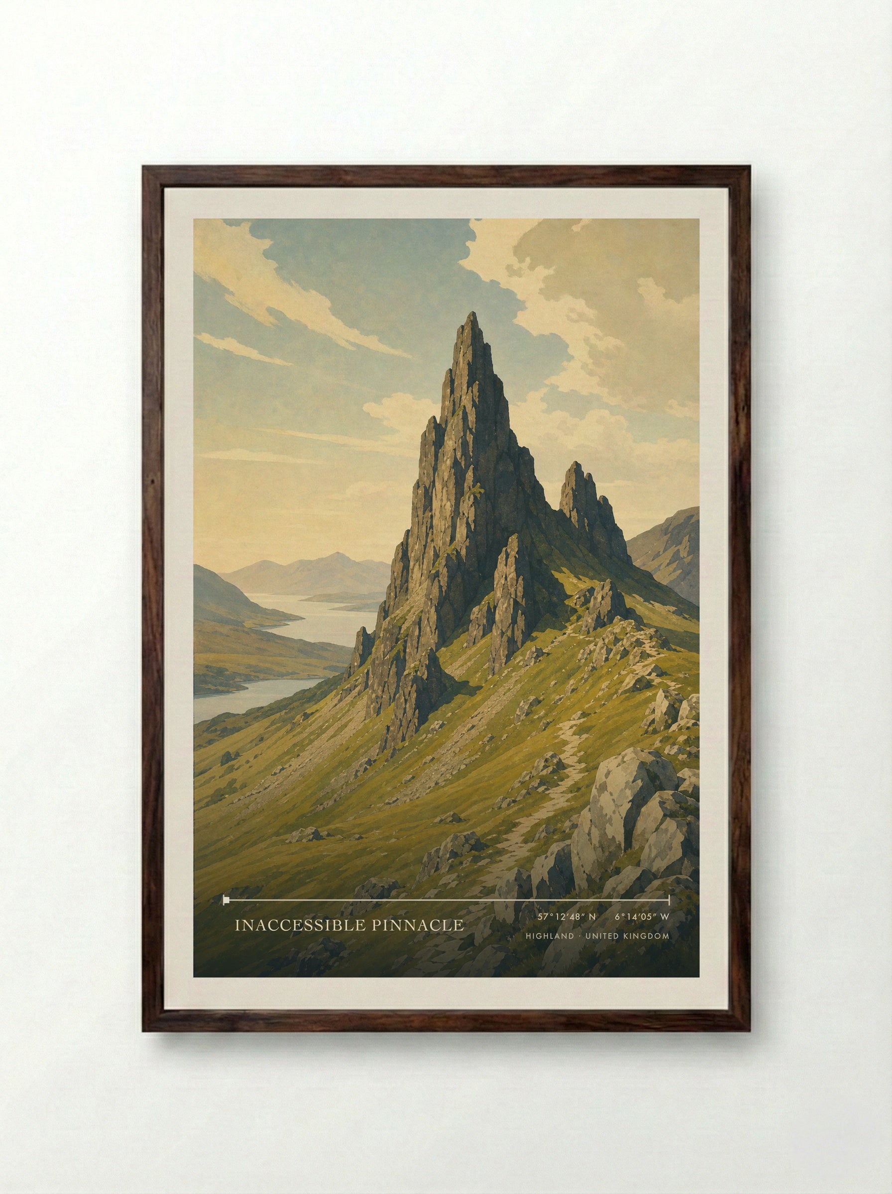 Inaccessible Pinnacle Highland United Kingdom Travel Poster - Framed Print Dark Wood