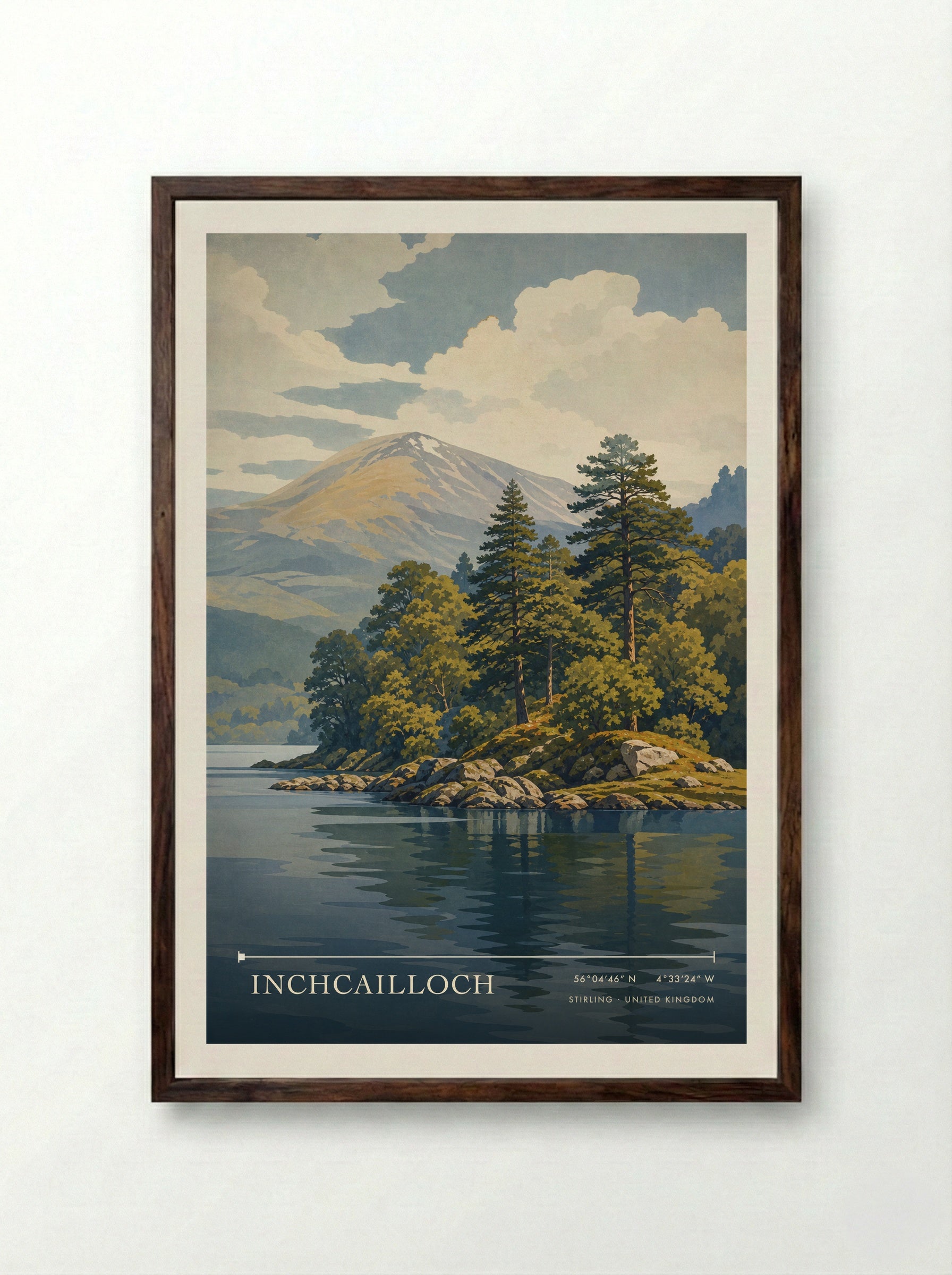 Inchcailloch Stirling United Kingdom Travel Poster - Framed Print Dark Wood