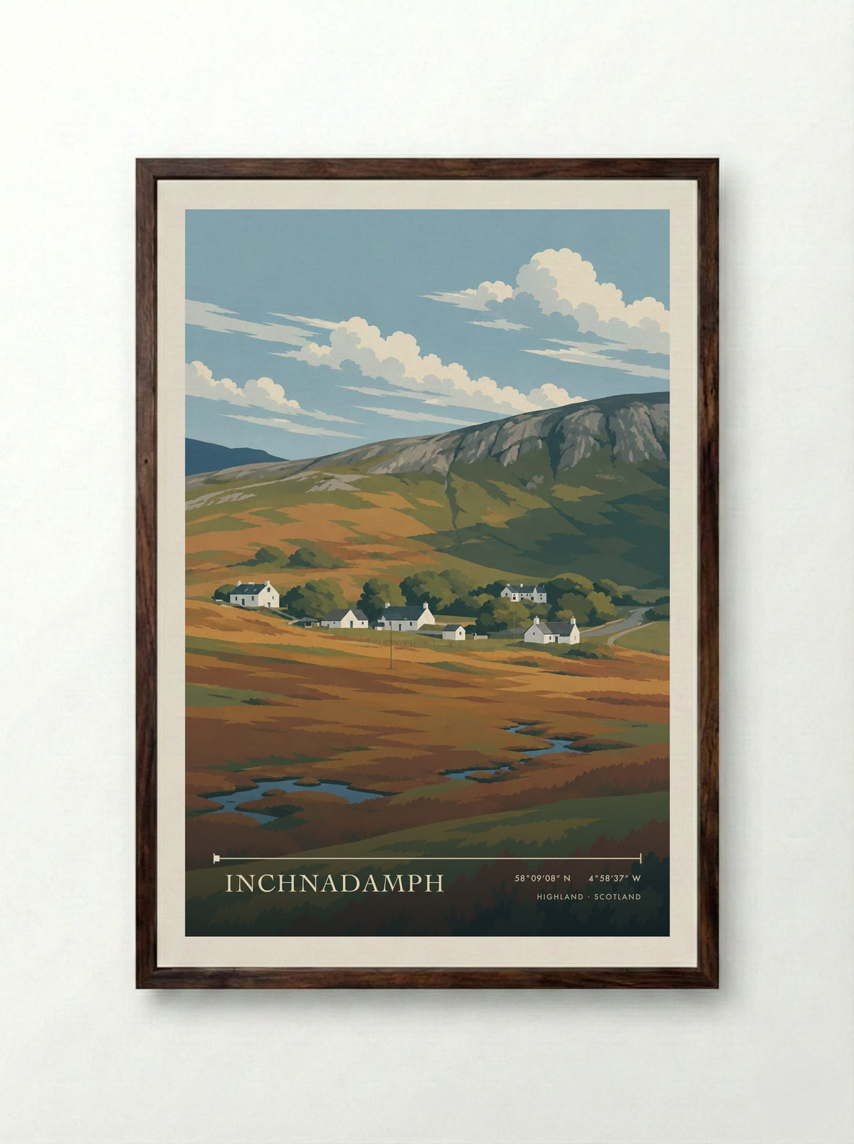 Inchnadamph, Highland | Travel Poster - Framed Print Dark Wood