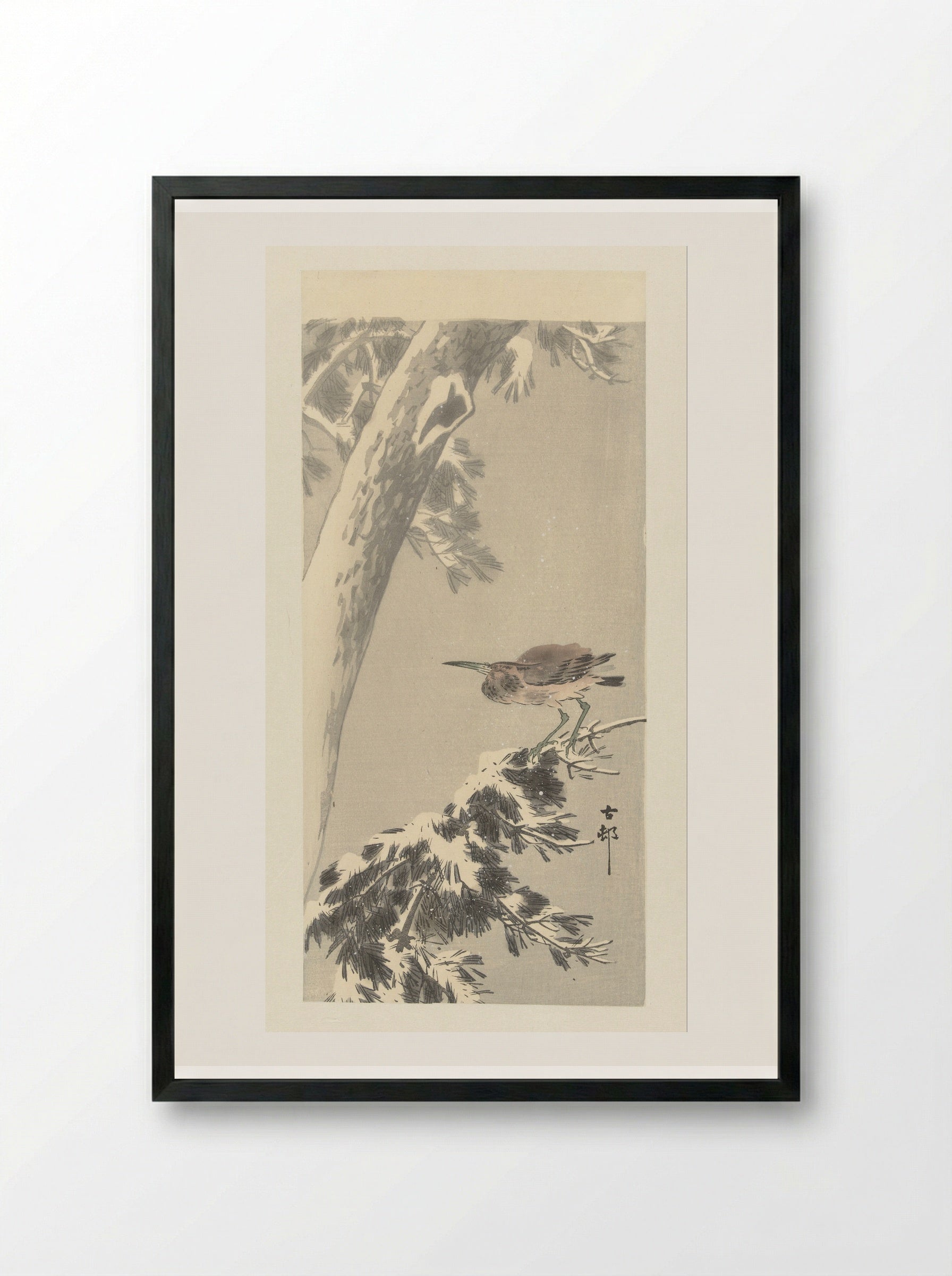 Indian Pond Heron on a Snowy Tree Branch - Matsuki Heikichi - Framed Print Black