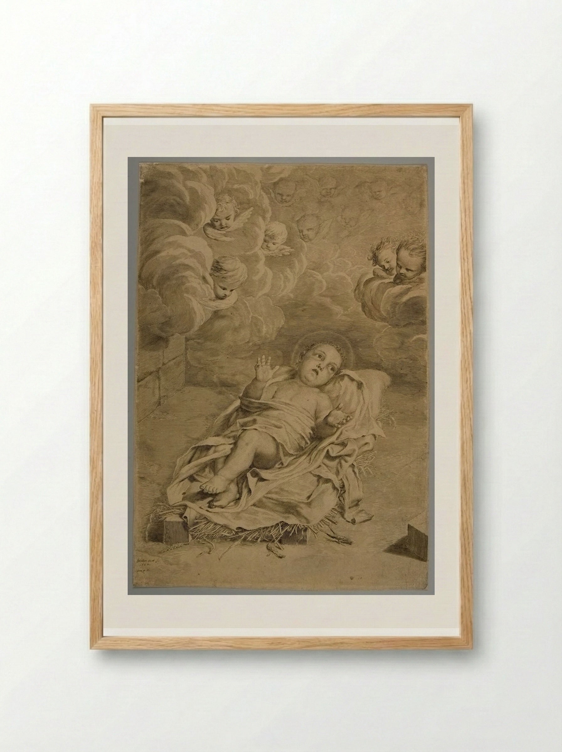 Infant Christ Lying on a Bed of Straw - Claude Mellan - Framed Print Wood