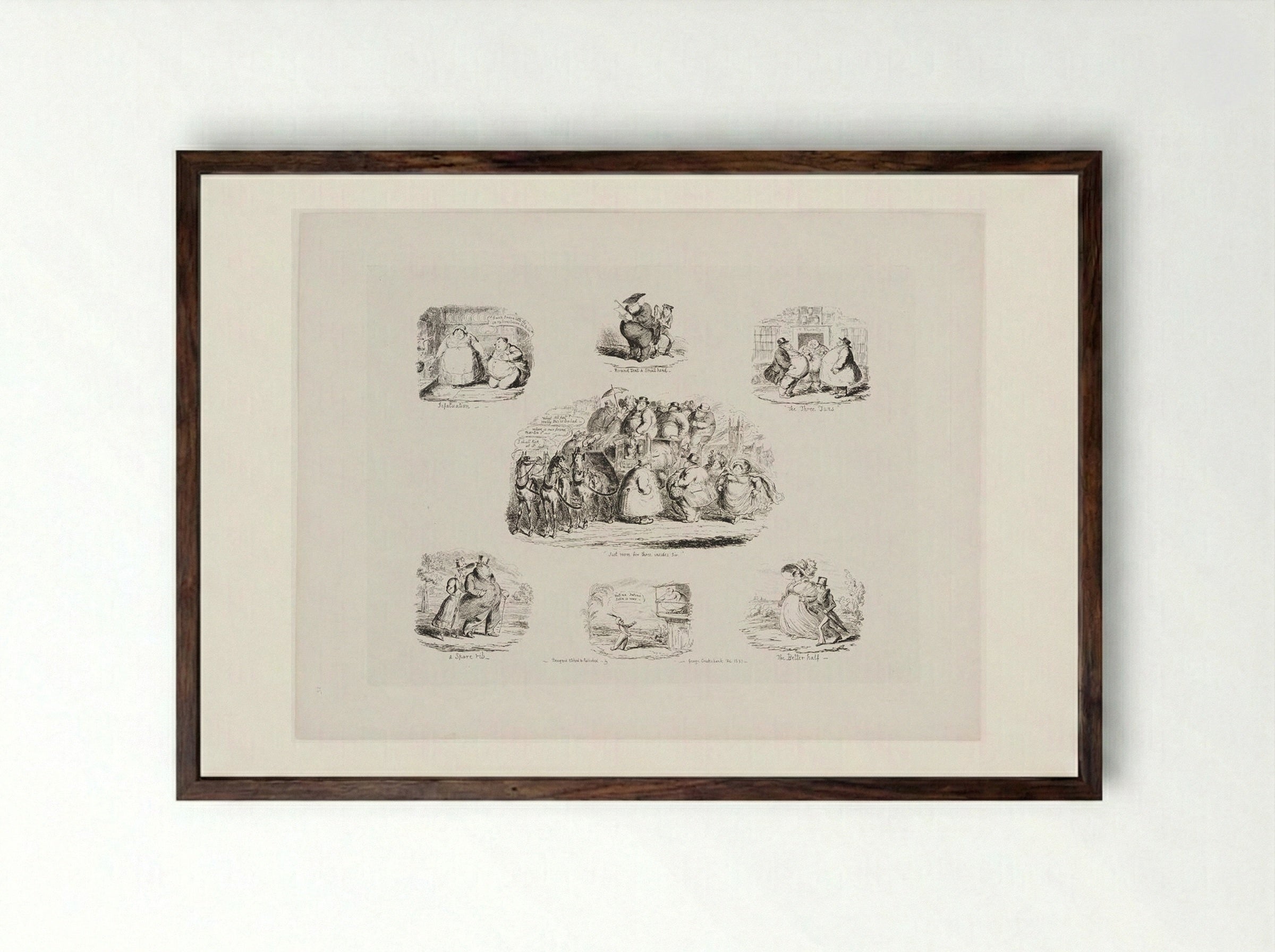 Infatuation, Round Text & Small Hand, The Three Tuns, Just Room for Three Insides Sir, A Spare Rib, The Better Half - George Cruikshank - Framed Print Dark Wood
