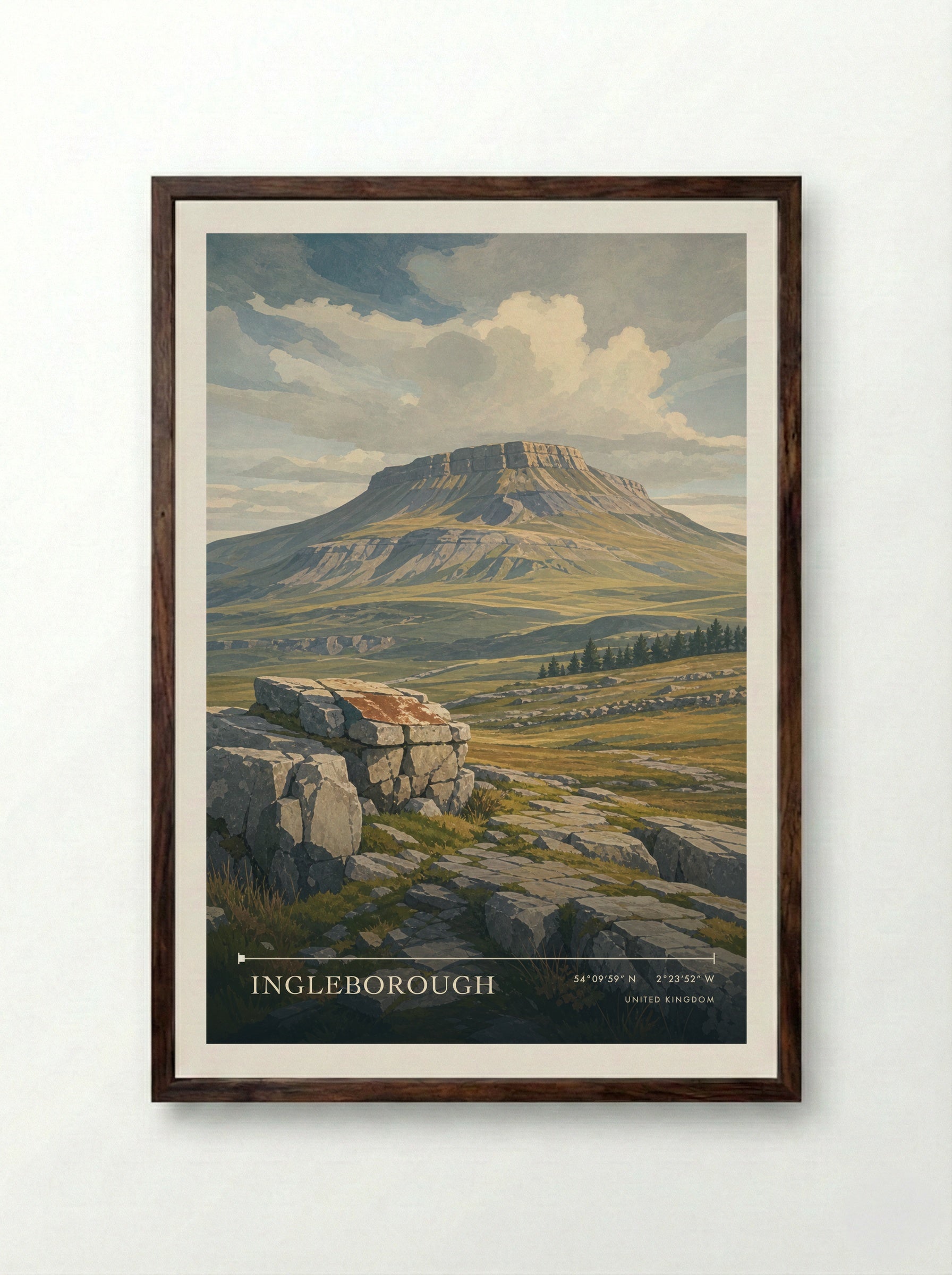 Ingleborough United Kingdom Travel Poster - Framed Print Dark Wood