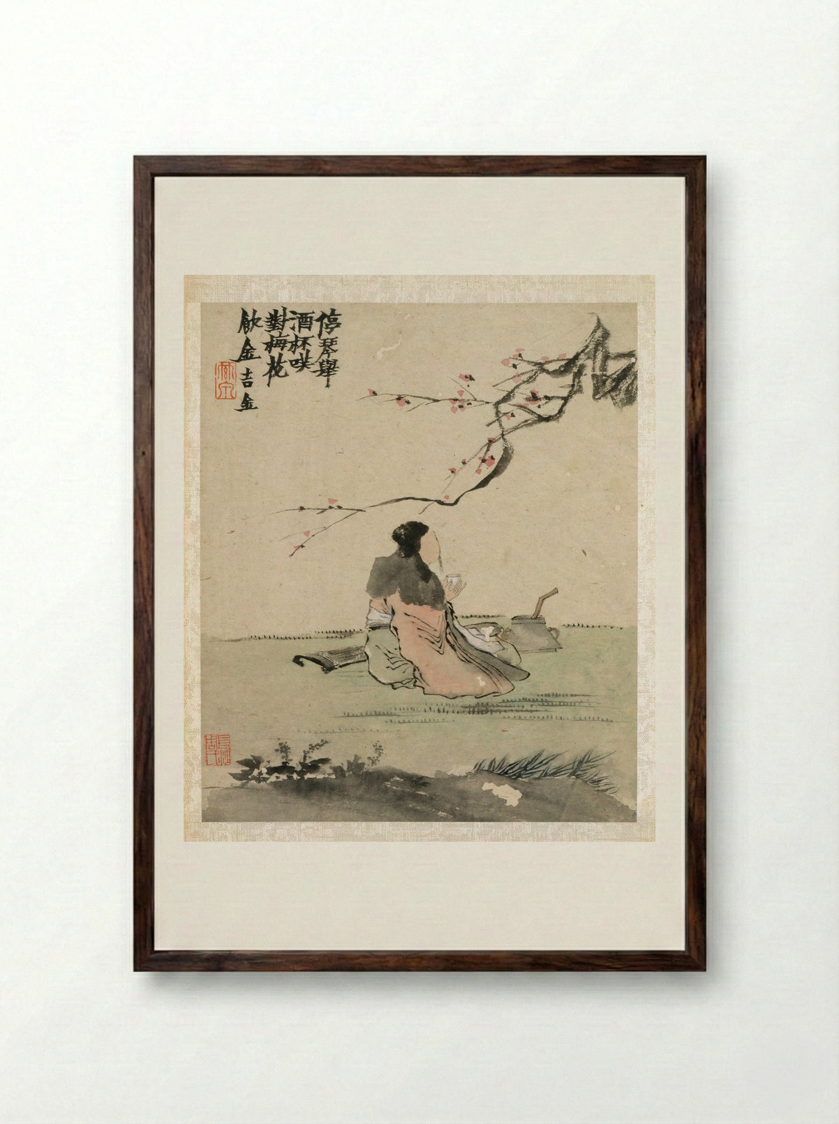 Ink Play (Scholar Drinking Under Plum Blossoms) - Jin Nong - Framed Print Dark Wood