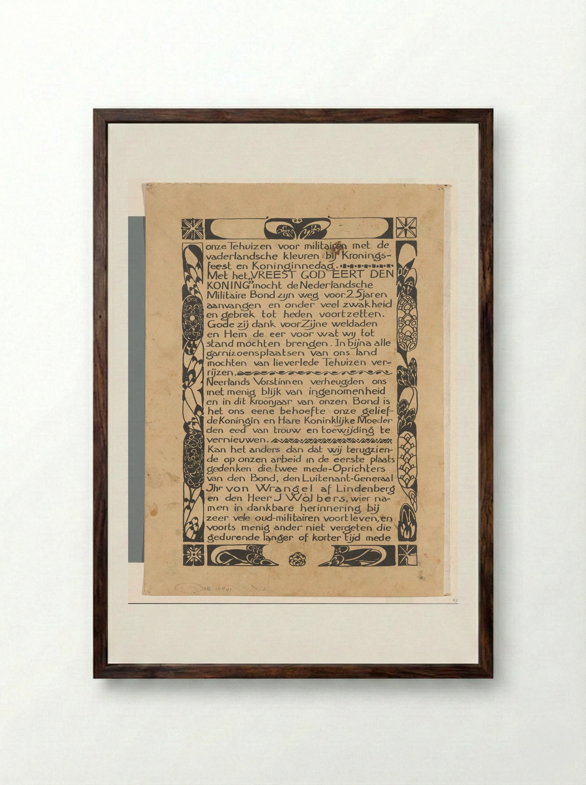 Inleiding met ornamentrand voor Onder Neerlands vlag - Carel Adolph Lion Cachet - Framed Print Dark Wood