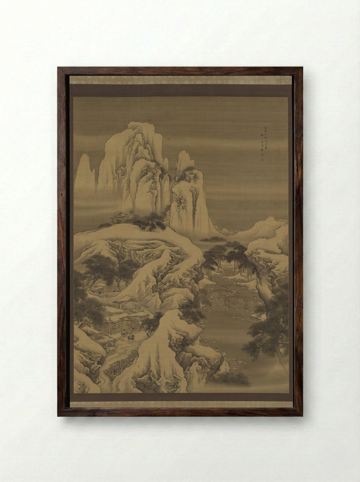 Inn and Travelers in Snowy Mountains - Yuan Yao - Framed Print Dark Wood