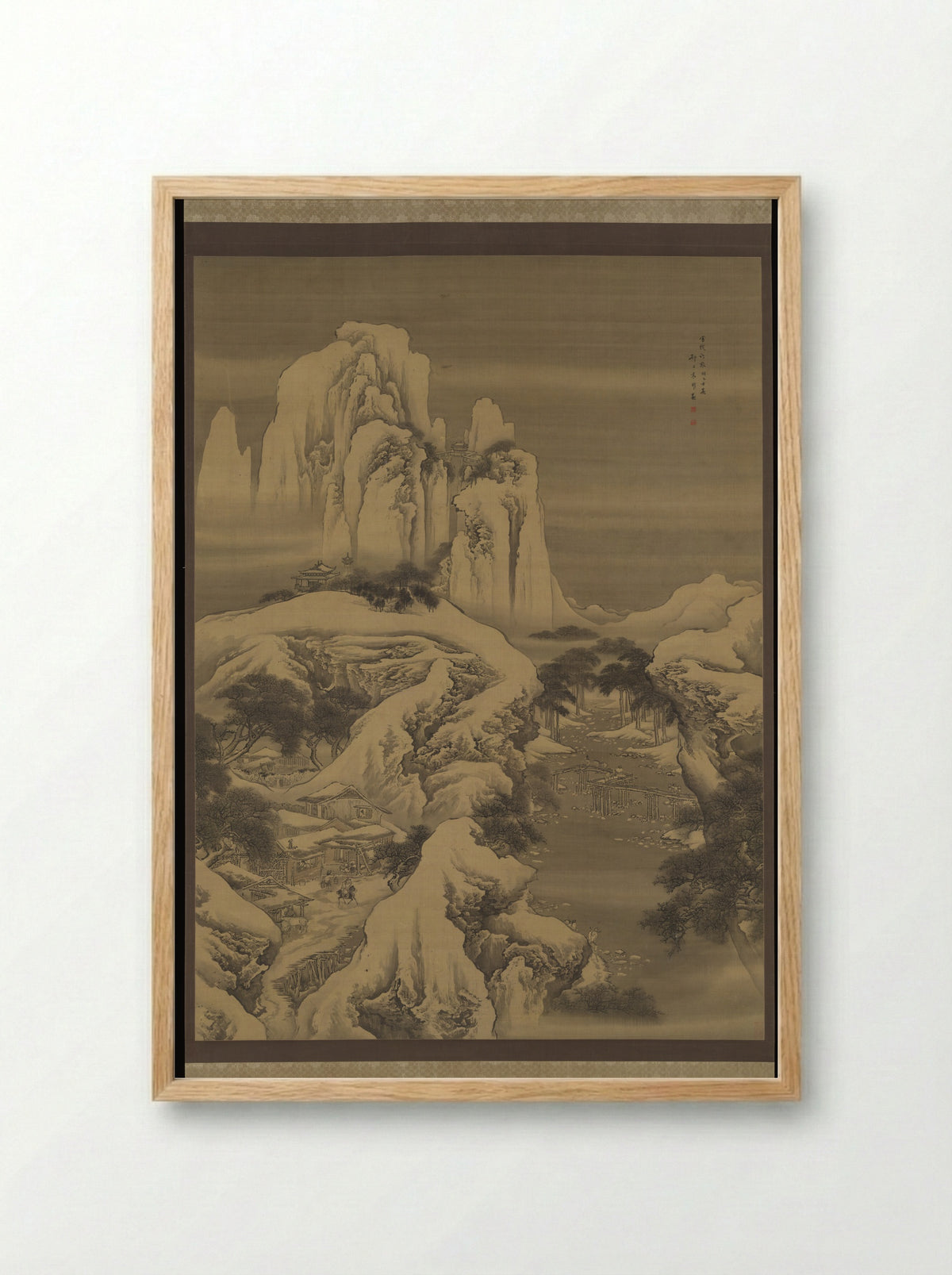 Inn and Travelers in Snowy Mountains - Yuan Yao - Framed Print Wood