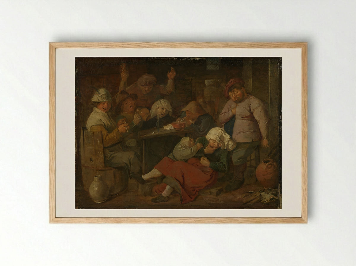 Inn with Drunken Peasants - Adriaen Brouwer - Framed Print Wood