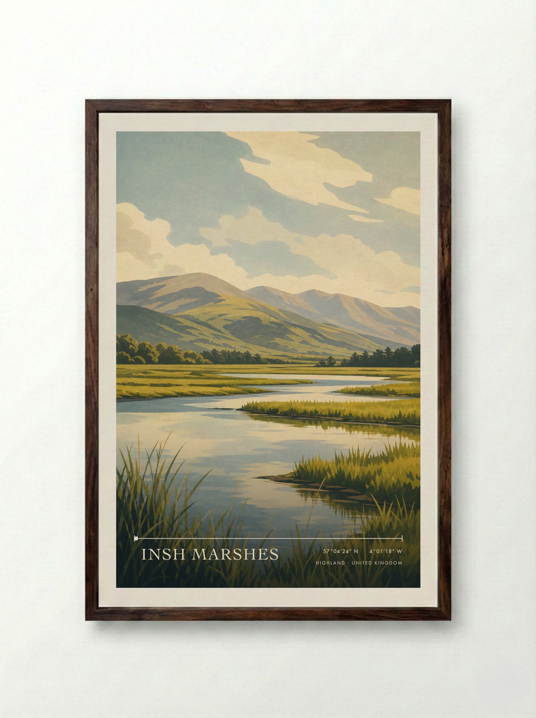 Insh Marshes Highland United Kingdom Travel Poster - Framed Print Dark Wood