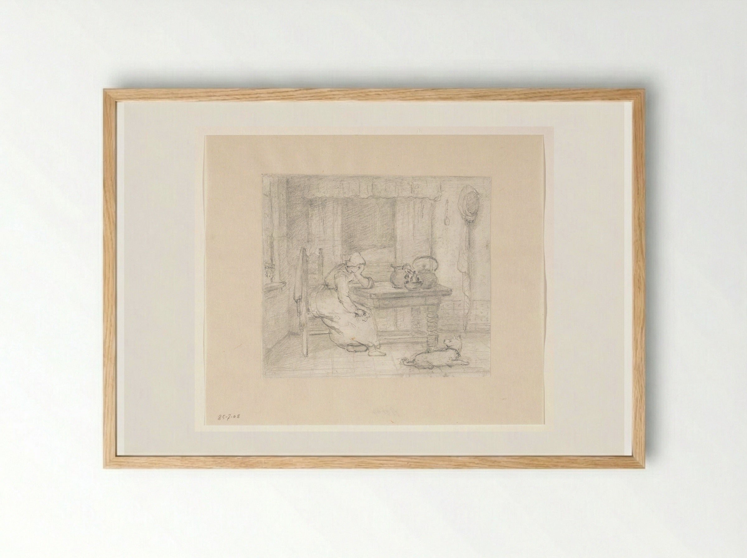 Interieur met een vrouw aan een tafel - Hendrik Valkenburg - Framed Print Wood