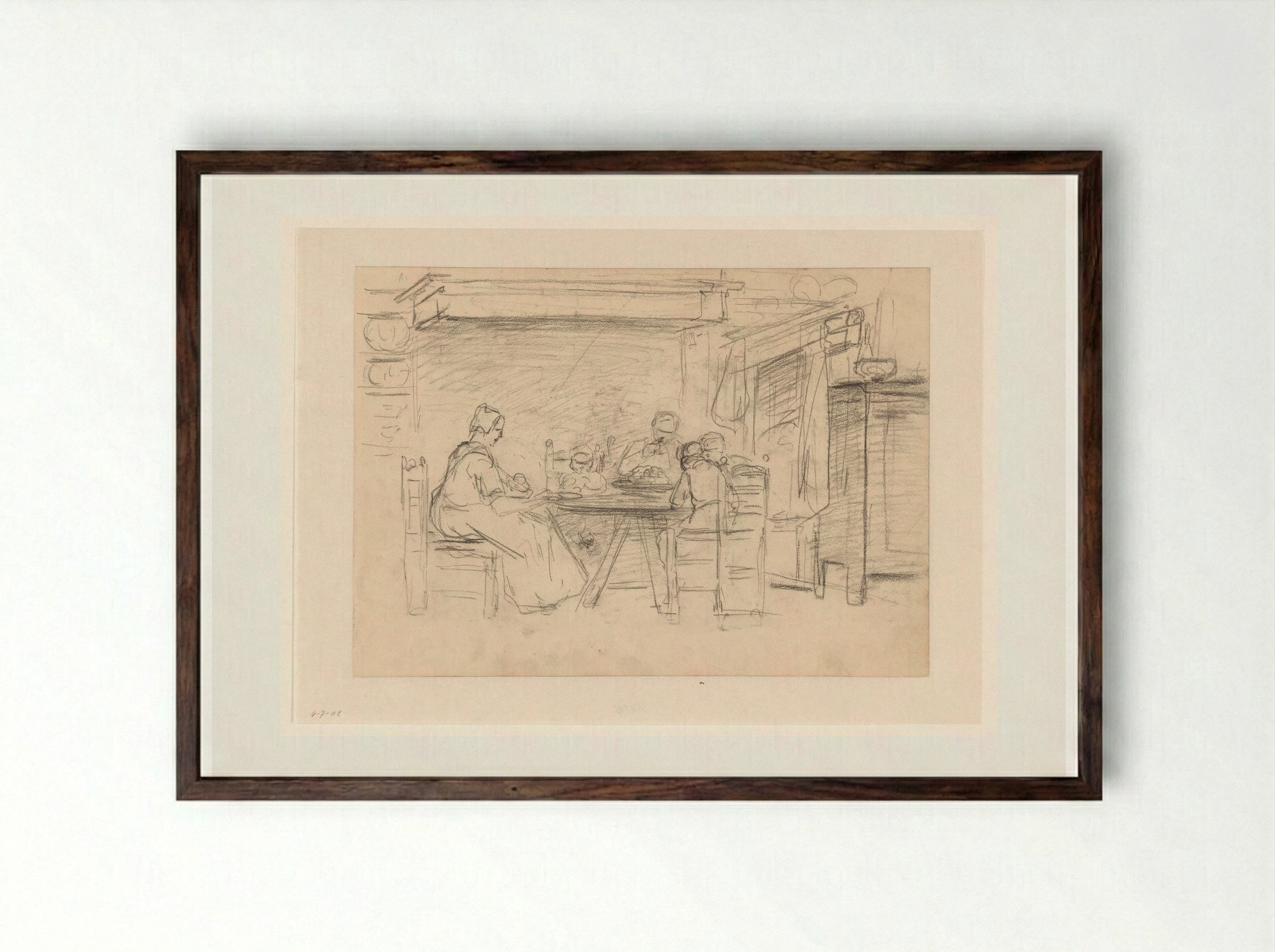 Interieur met gezin aan de maaltijd - Hendrik Valkenburg - Framed Print Dark Wood