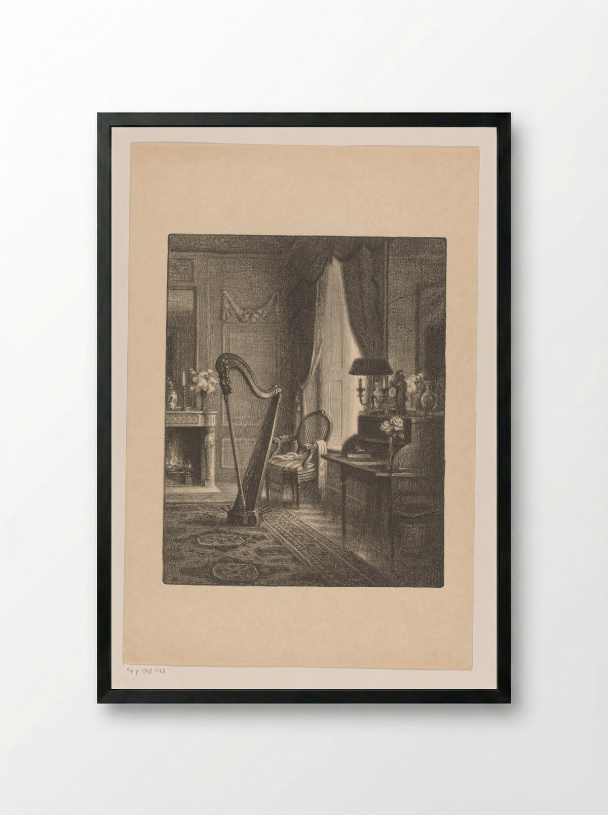 Interieur met haard, secretaire en harp - René Janssens - Framed Print Black