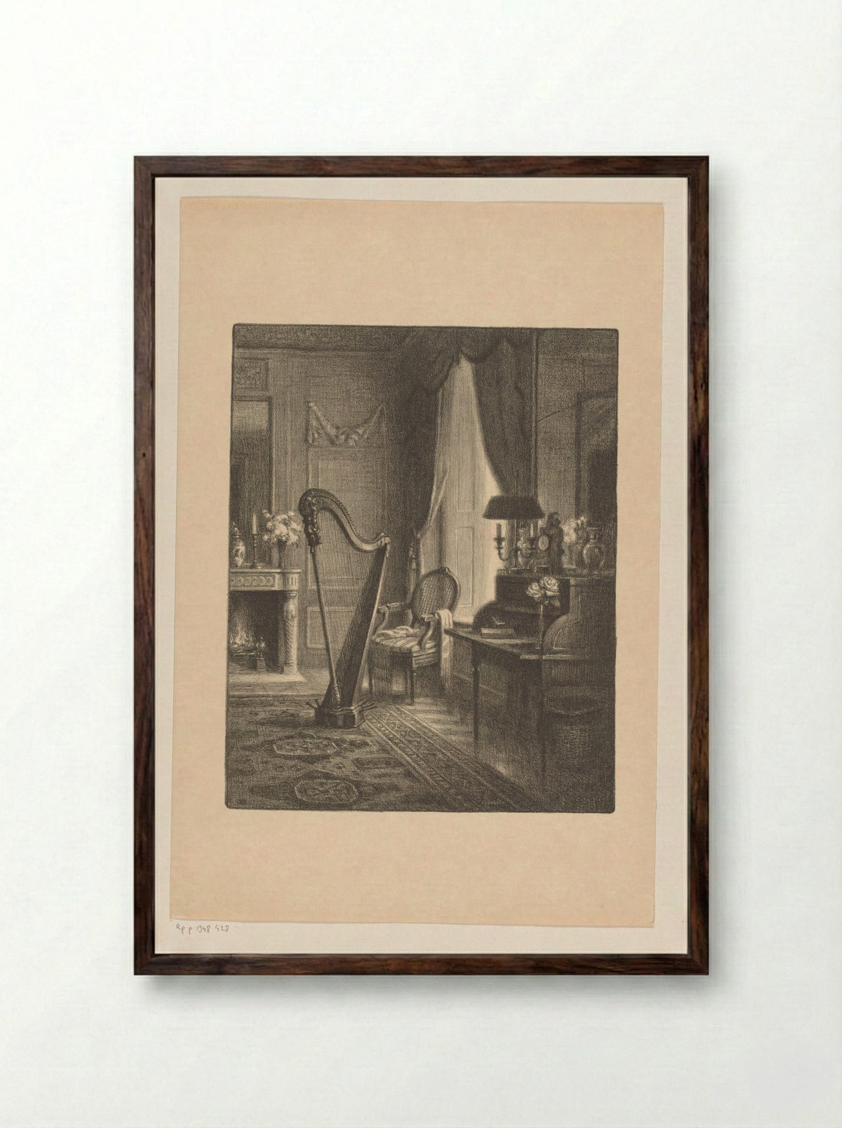 Interieur met haard, secretaire en harp - René Janssens - Framed Print Dark Wood
