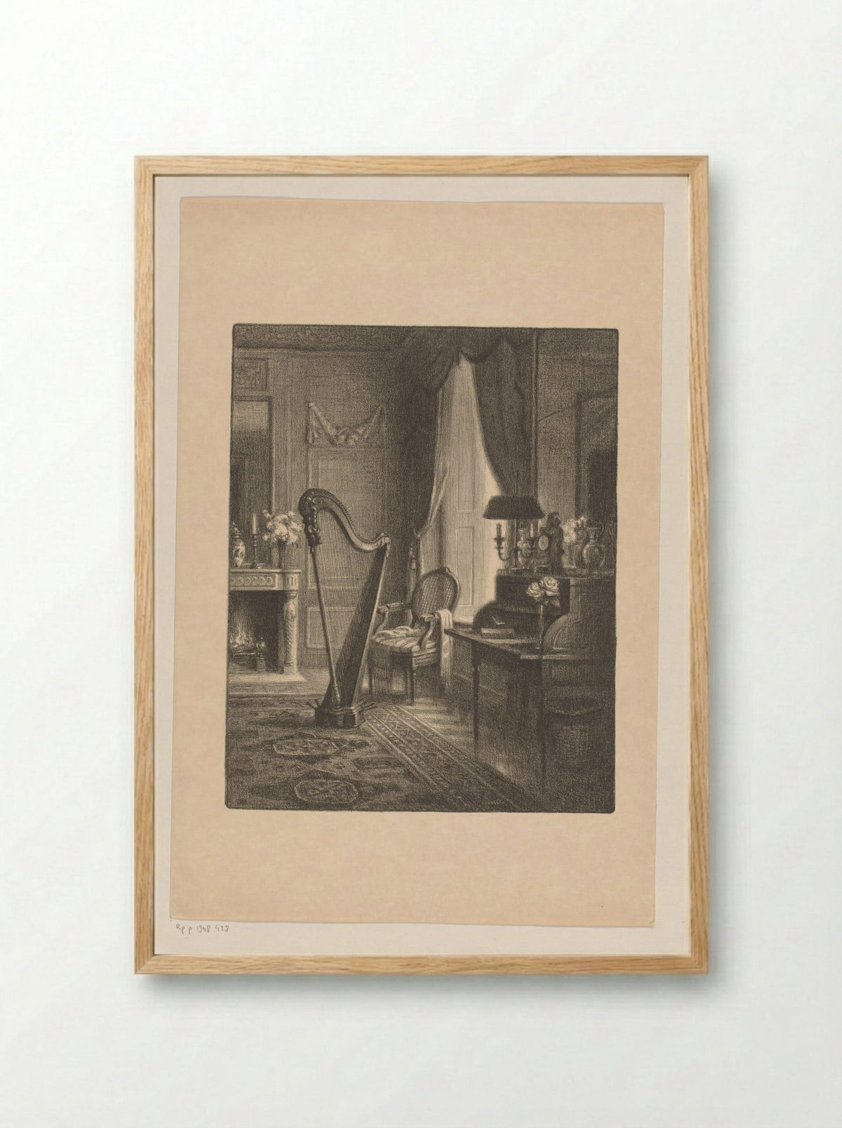 Interieur met haard, secretaire en harp - René Janssens - Framed Print Wood