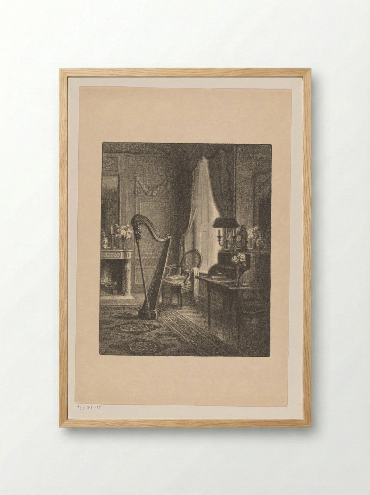 Interieur met haard, secretaire en harp - René Janssens - Framed Print Wood