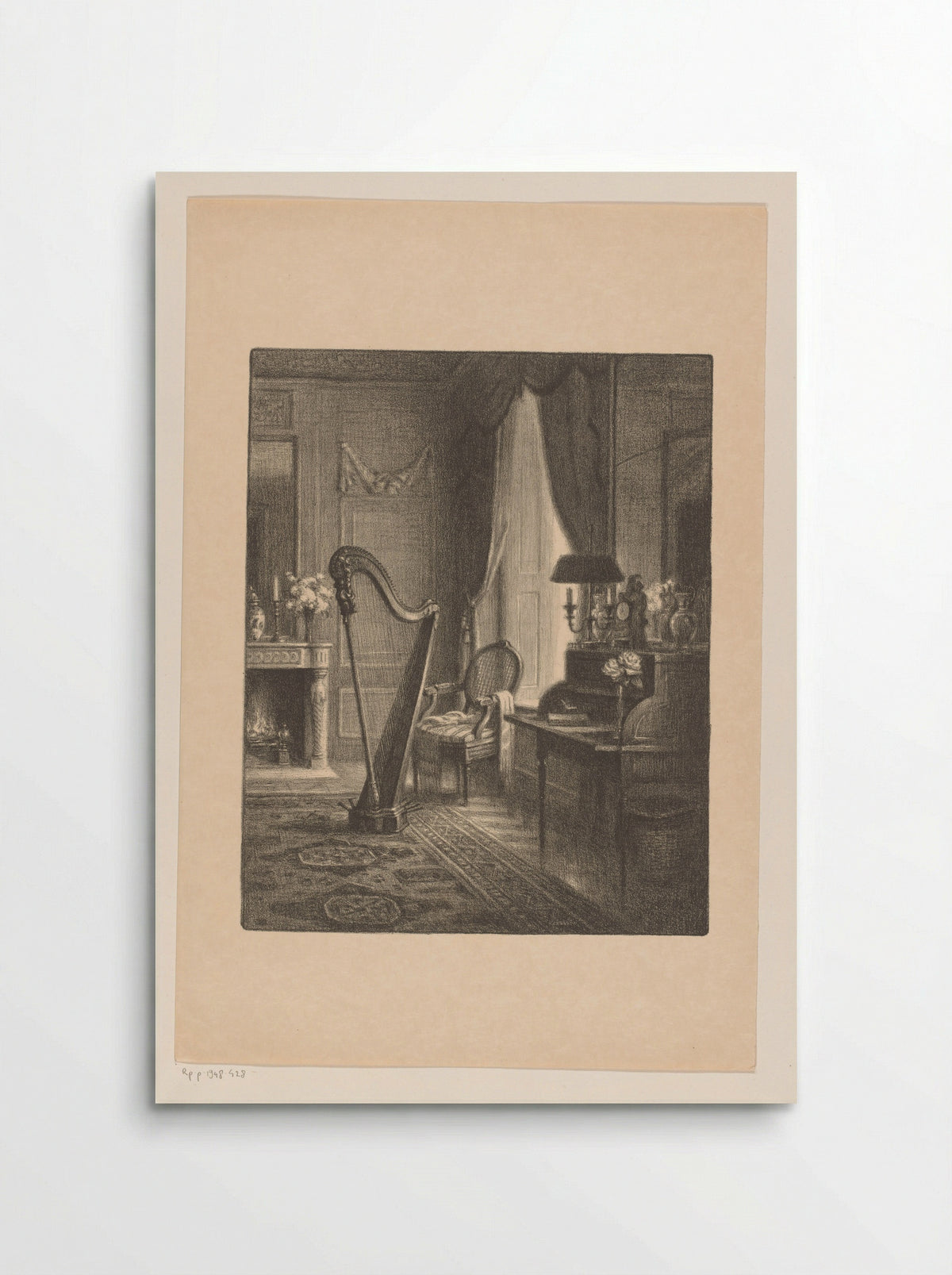 Interieur met haard, secretaire en harp - René Janssens - Poster