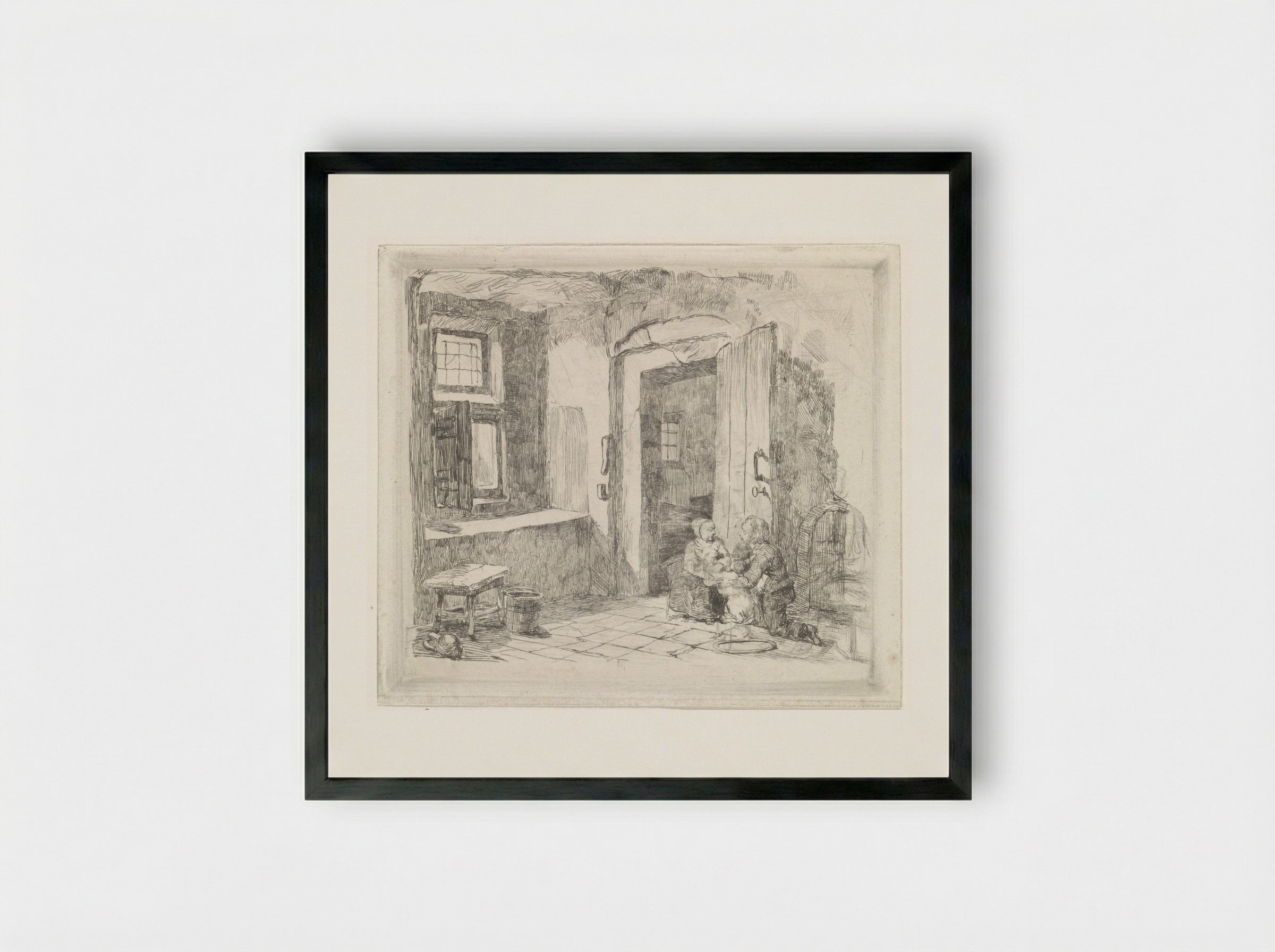 Interieur met openstaande deur - David van der Kellen - Framed Print Black