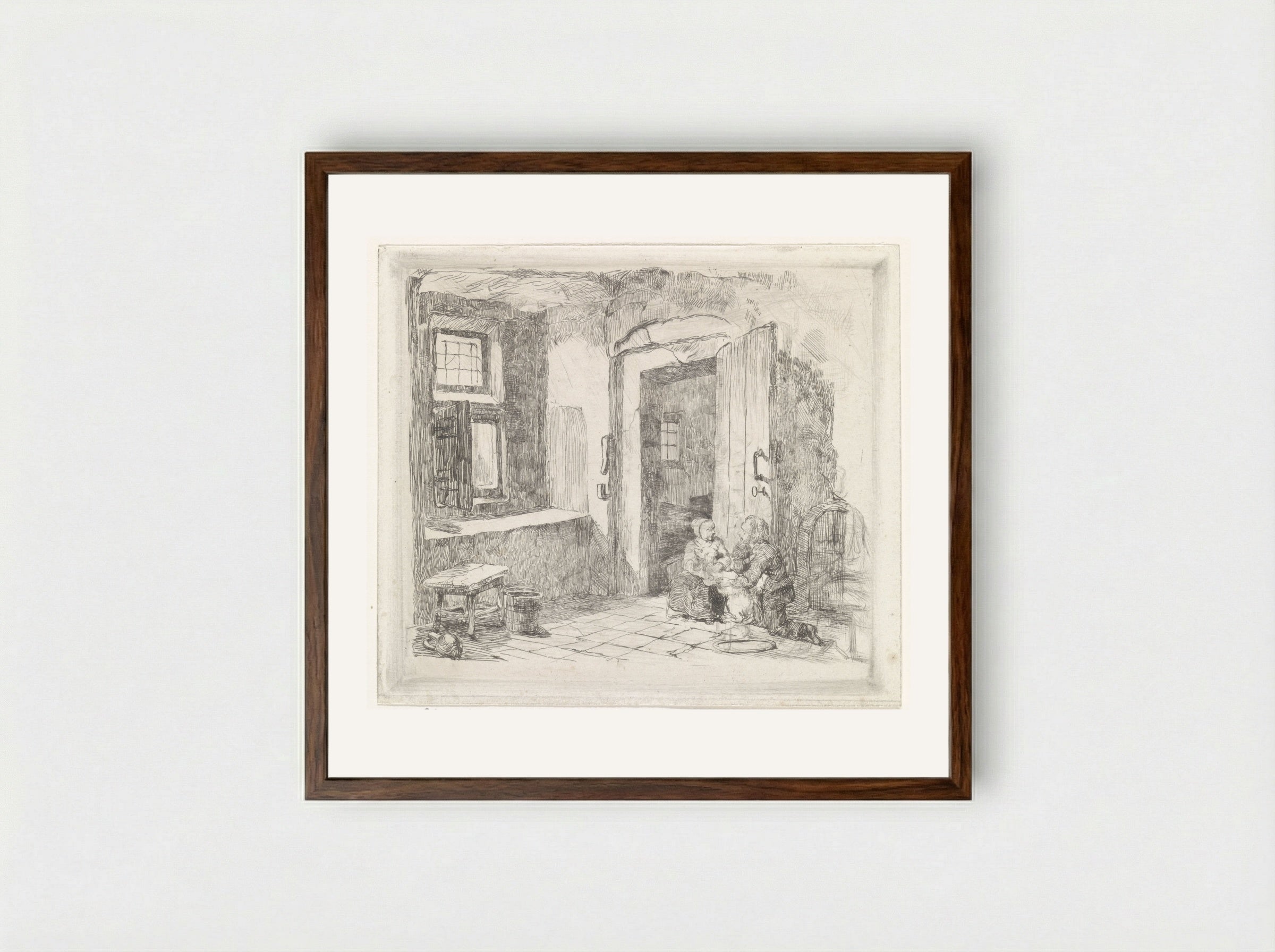 Interieur met openstaande deur - David van der Kellen - Framed Print Dark Wood
