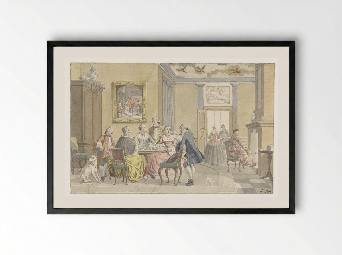 Interieur met theedrinkend gezelschap - Nicolaes Aartman - Framed Print Black