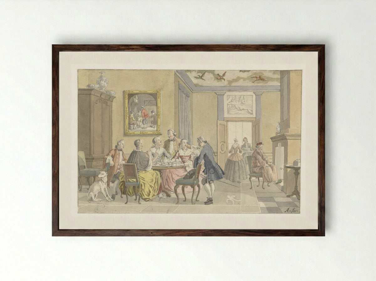 Interieur met theedrinkend gezelschap - Nicolaes Aartman - Framed Print Dark Wood