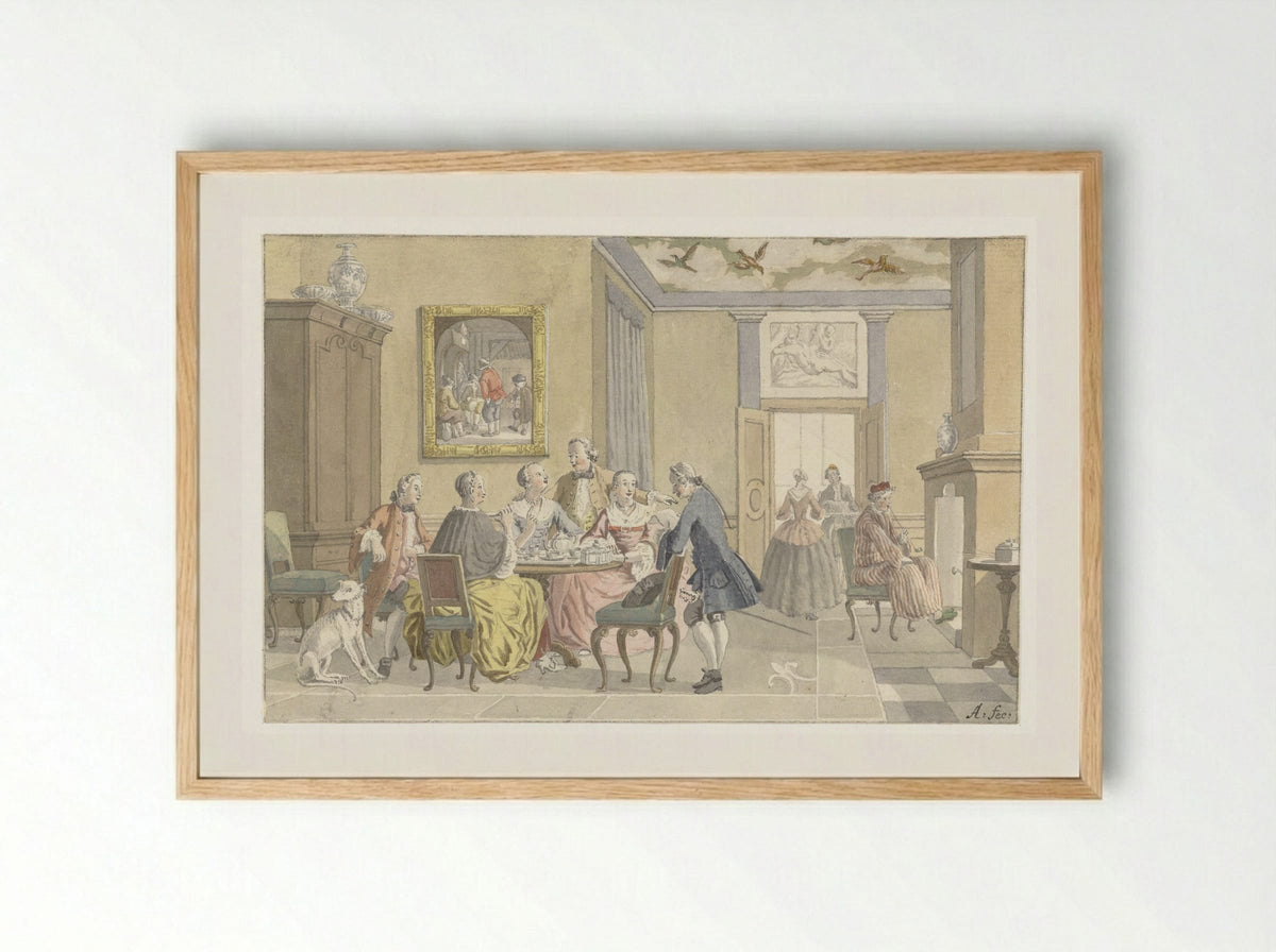 Interieur met theedrinkend gezelschap - Nicolaes Aartman - Framed Print Wood