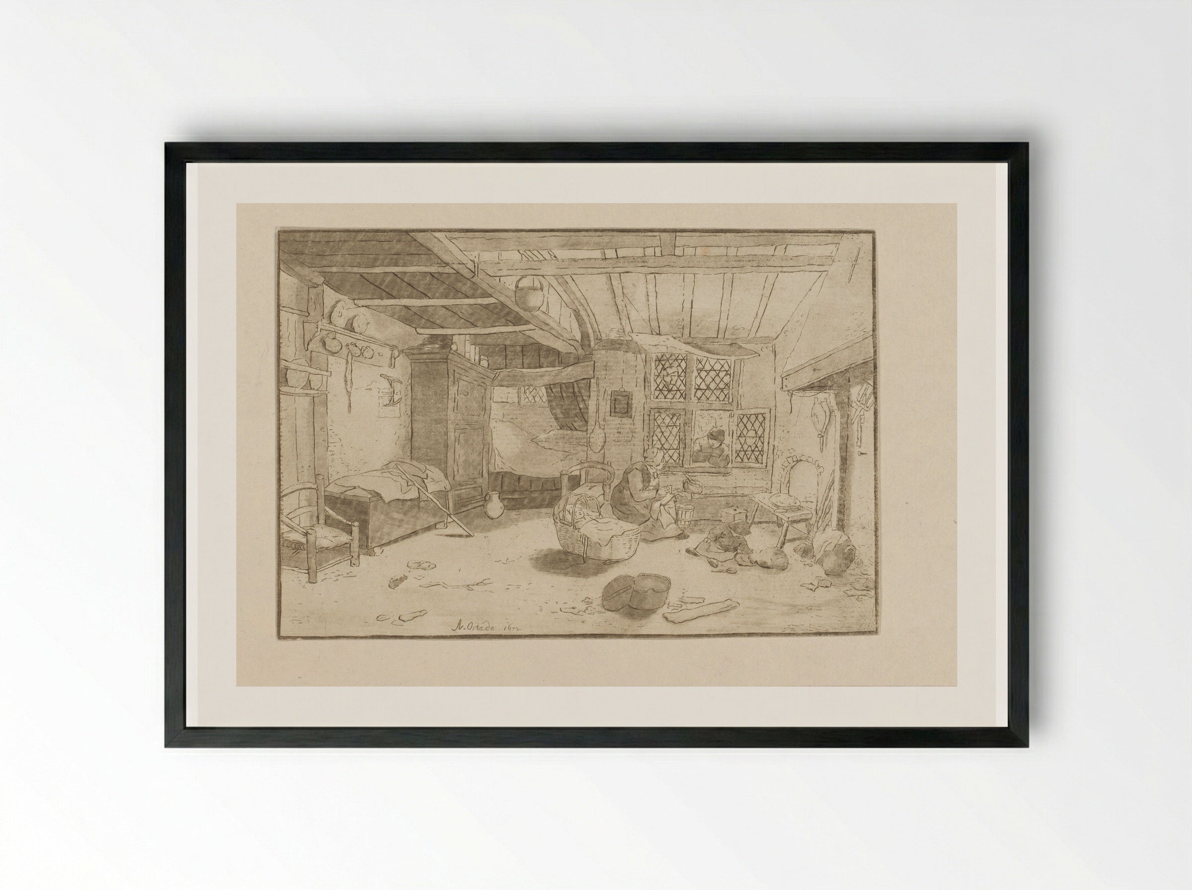 Interieur met vrouw bij wieg - Cornelis Ploos van Amstel - Framed Print Black