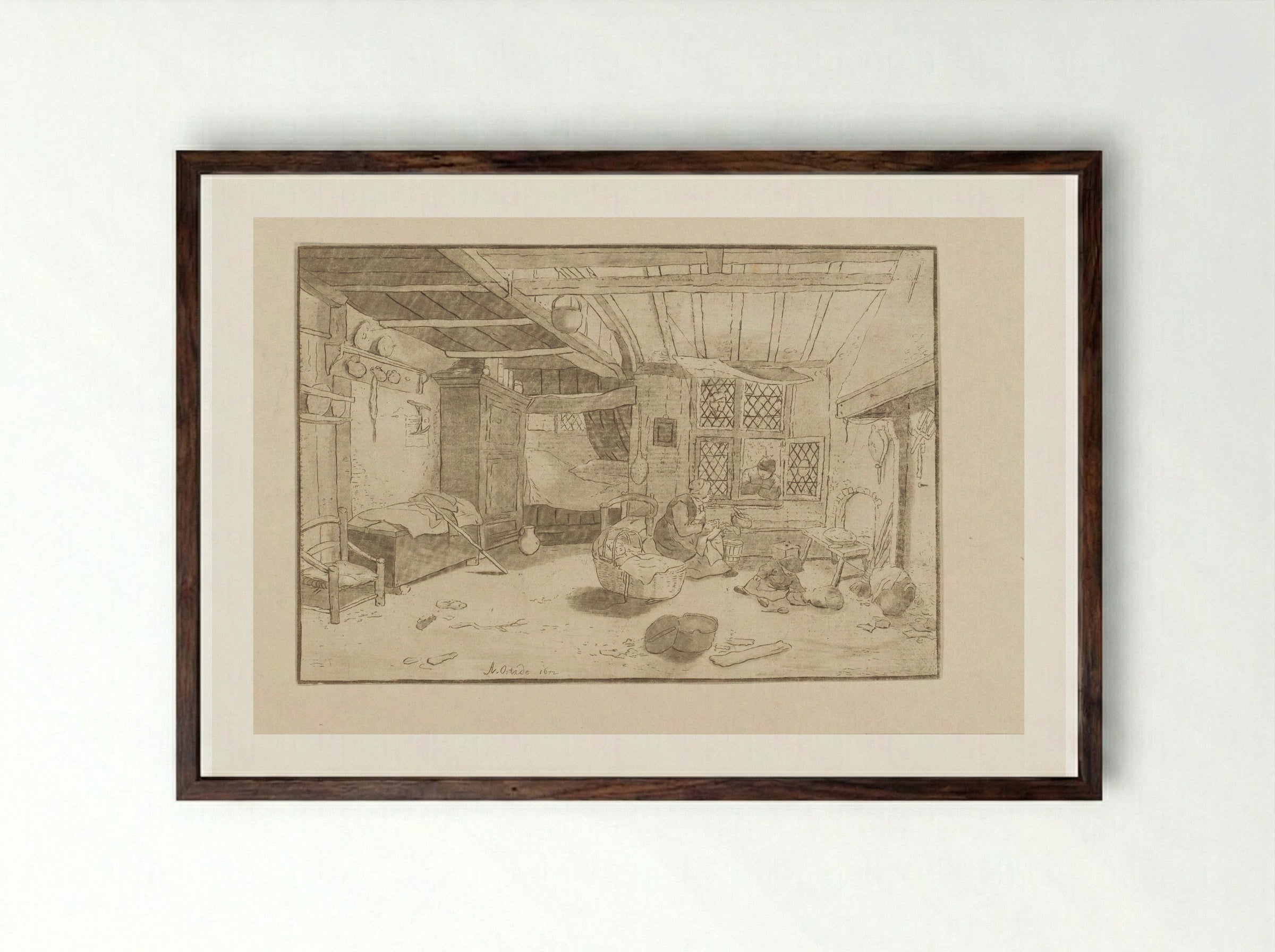 Interieur met vrouw bij wieg - Cornelis Ploos van Amstel - Framed Print Dark Wood