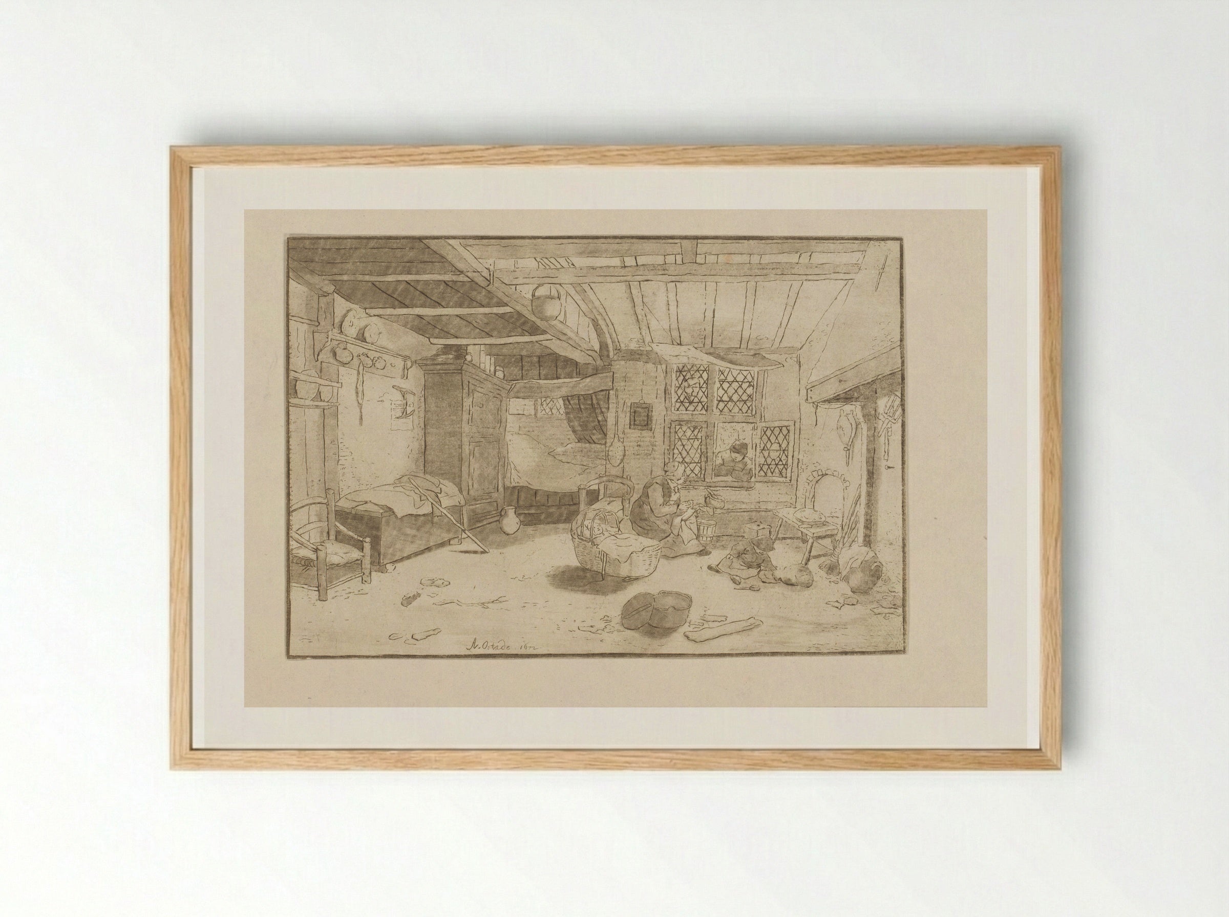 Interieur met vrouw bij wieg - Cornelis Ploos van Amstel - Framed Print Wood