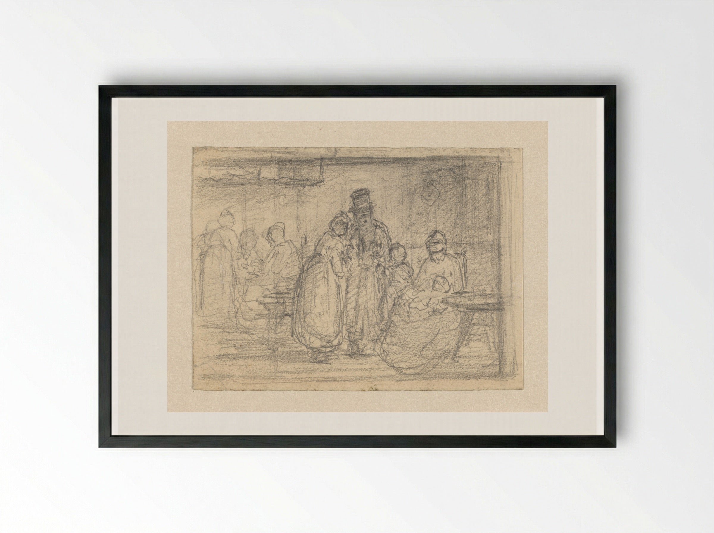Interieur met vrouwen, kinderen en man met hoge hoed - Hendrik Valkenburg - Framed Print Black