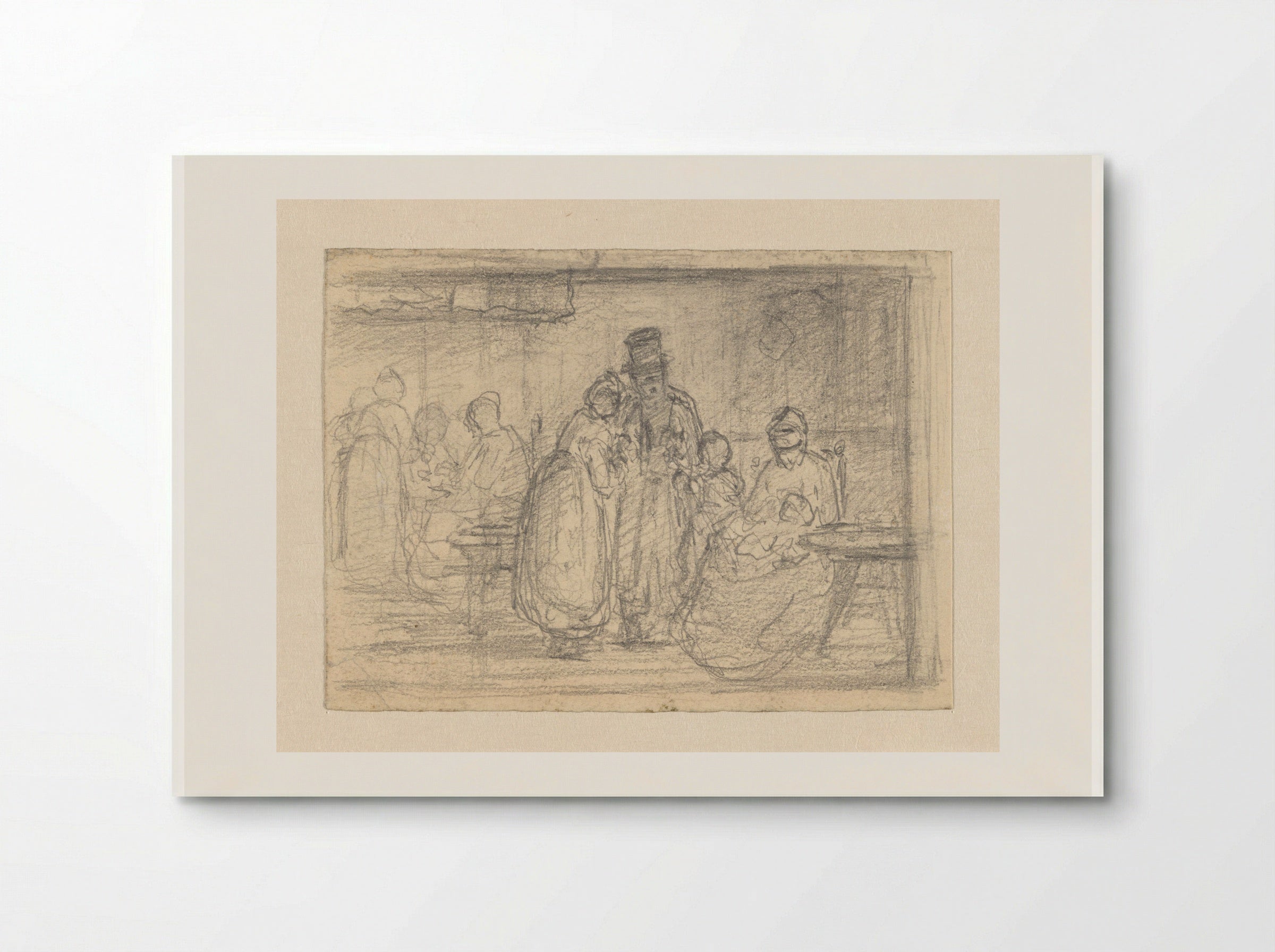 Interieur met vrouwen, kinderen en man met hoge hoed - Hendrik Valkenburg - Poster