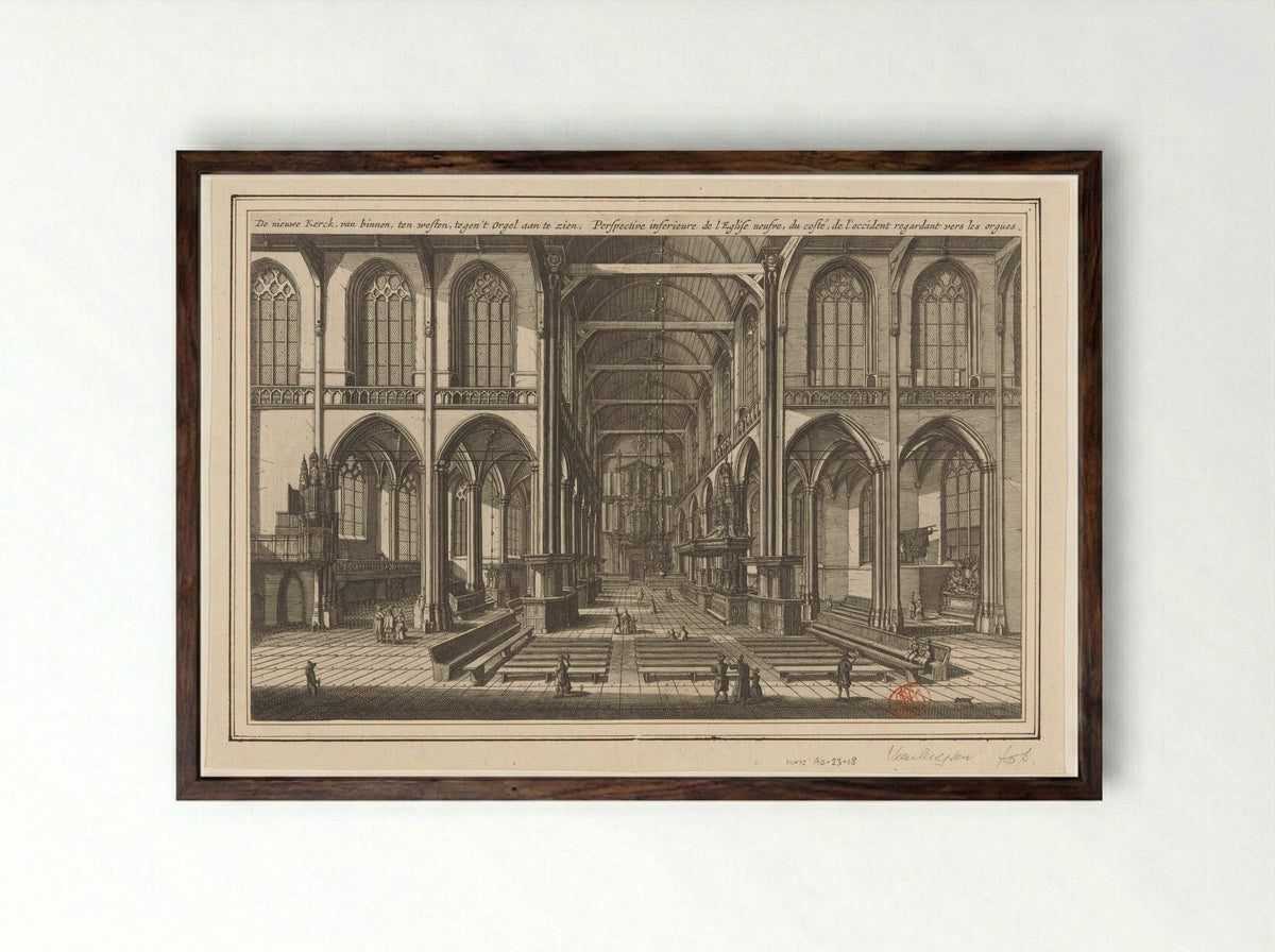 Interieur van de Nieuwe Kerk te Amsterdam, naar het westen gezien - Jan Veenhuysen - Framed Print Dark Wood