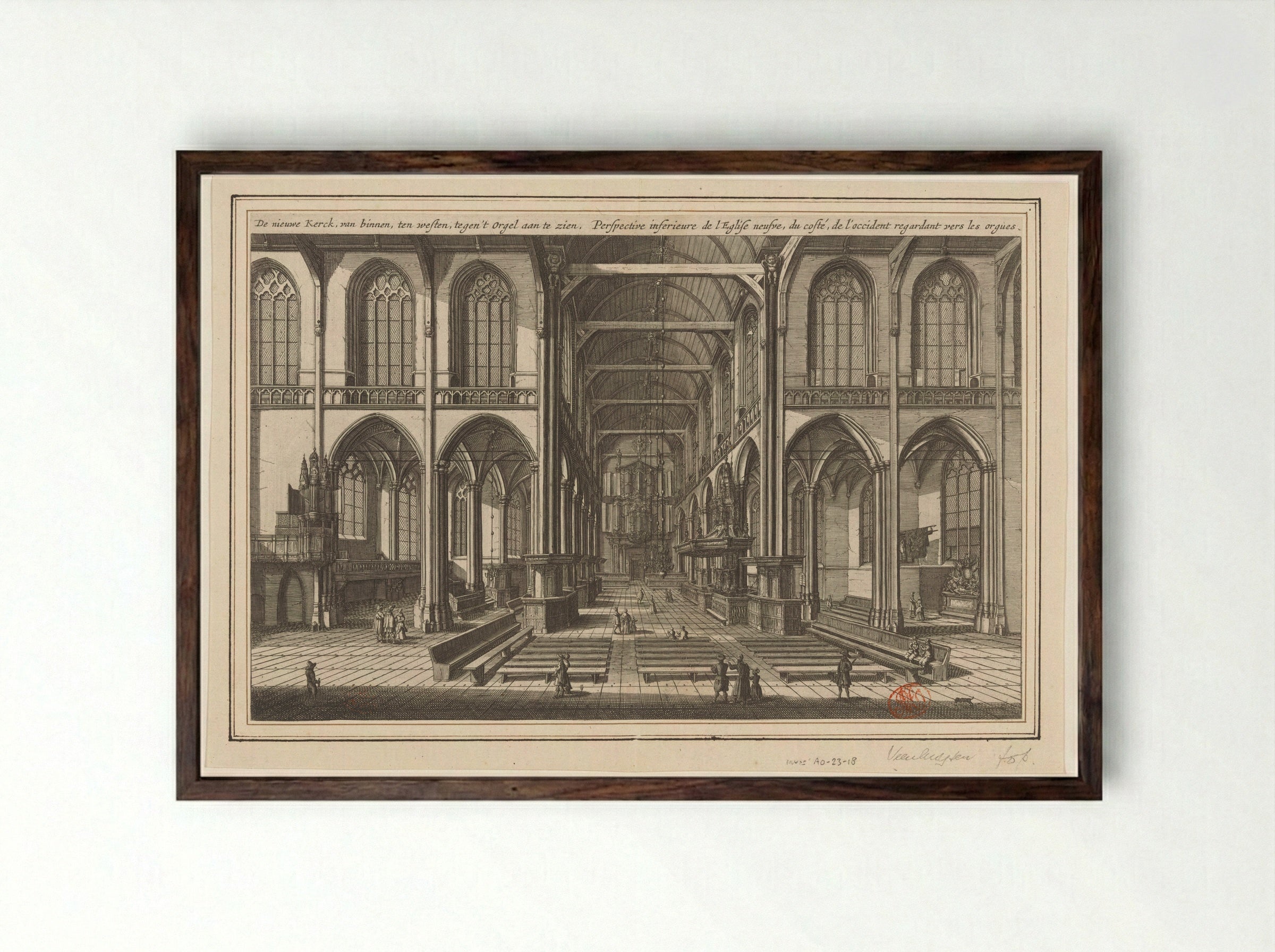 Interieur van de Nieuwe Kerk te Amsterdam, naar het westen gezien - Jan Veenhuysen - Framed Print Dark Wood