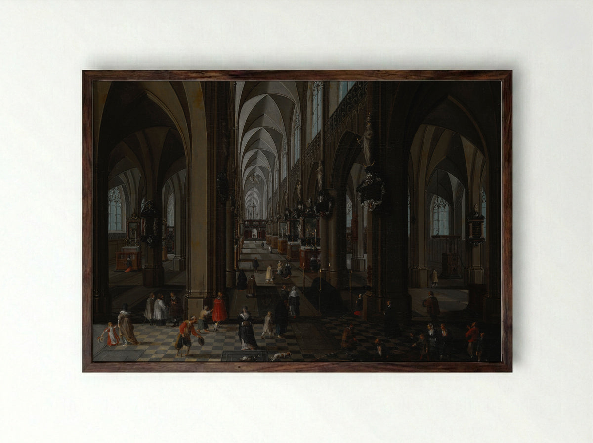Interieur van een gotische kerk bij nacht - Peeter Neeffs the Elder - Framed Print Dark Wood